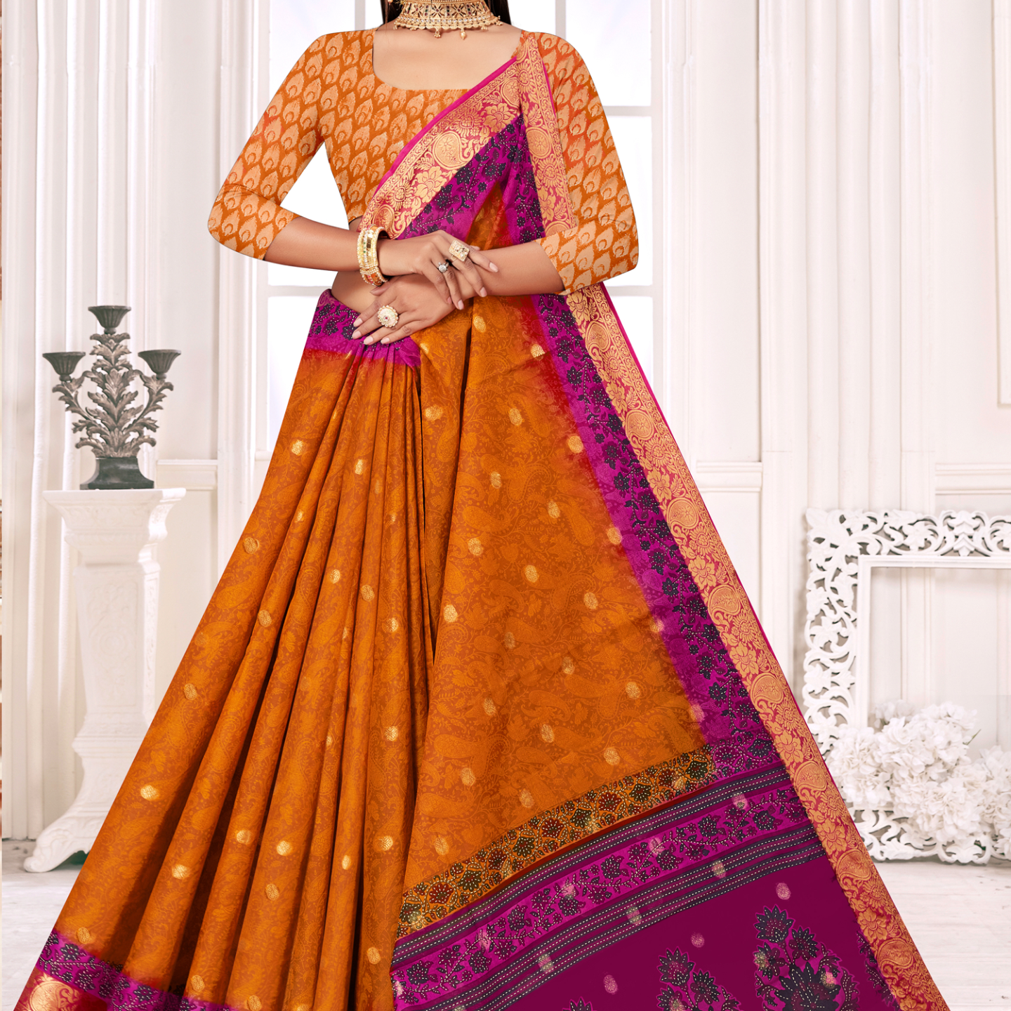 Mustard Orange and Purple malai saree [sku:KN-66899]