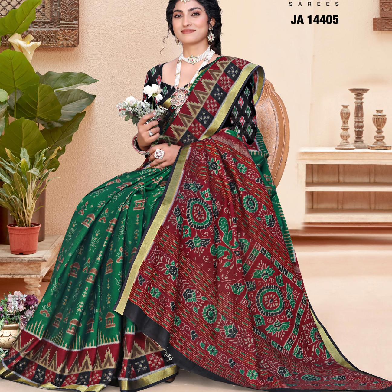 Green & Maroon muslin saree [sku:JA-14405]