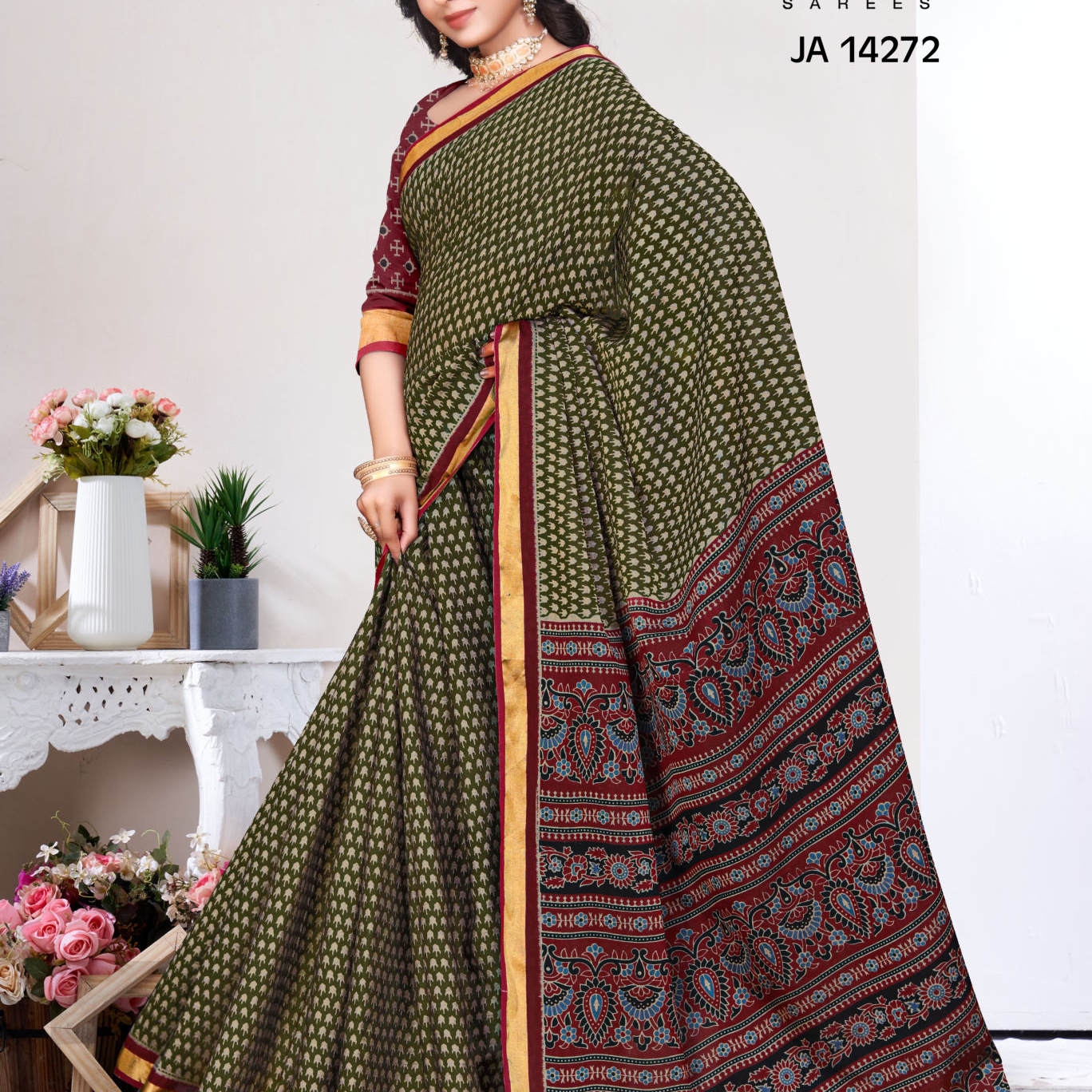 Olive Green & Red muslin saree