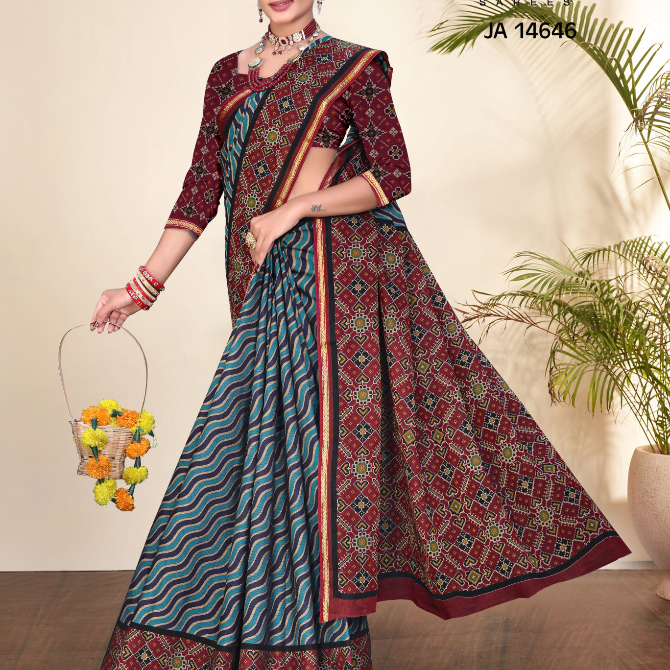 Blue & Maroon muslin saree [sku:JA 14646]