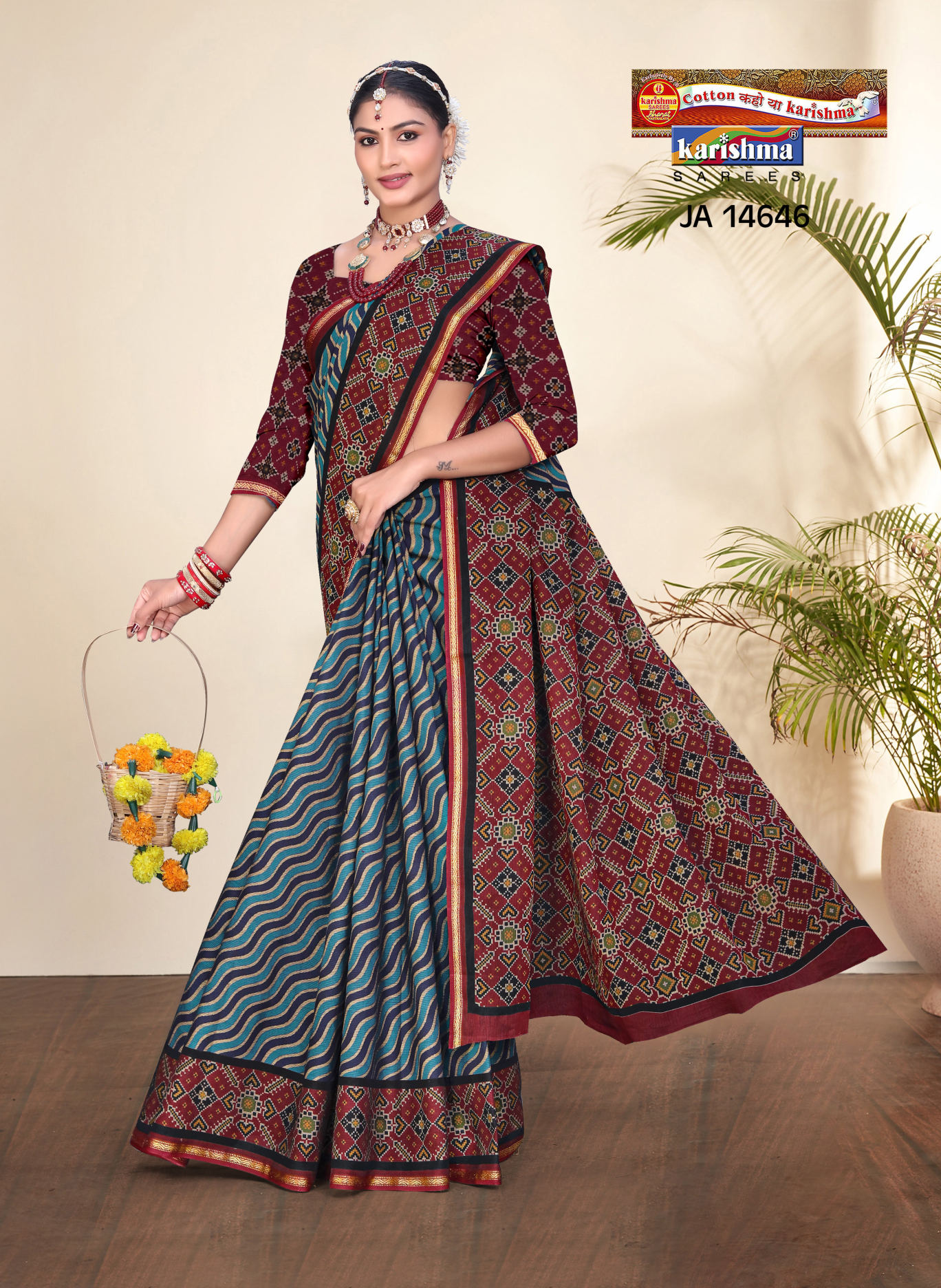 Blue & Maroon muslin saree [sku:JA 14646]