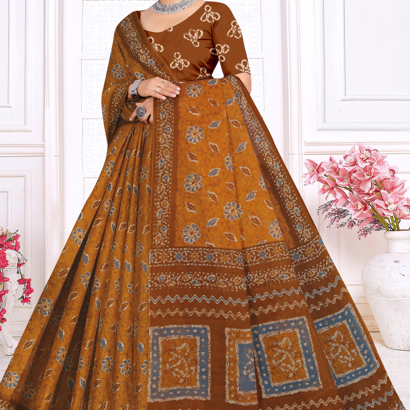 Mustard Brown cotton saree [sku:KN-67521]