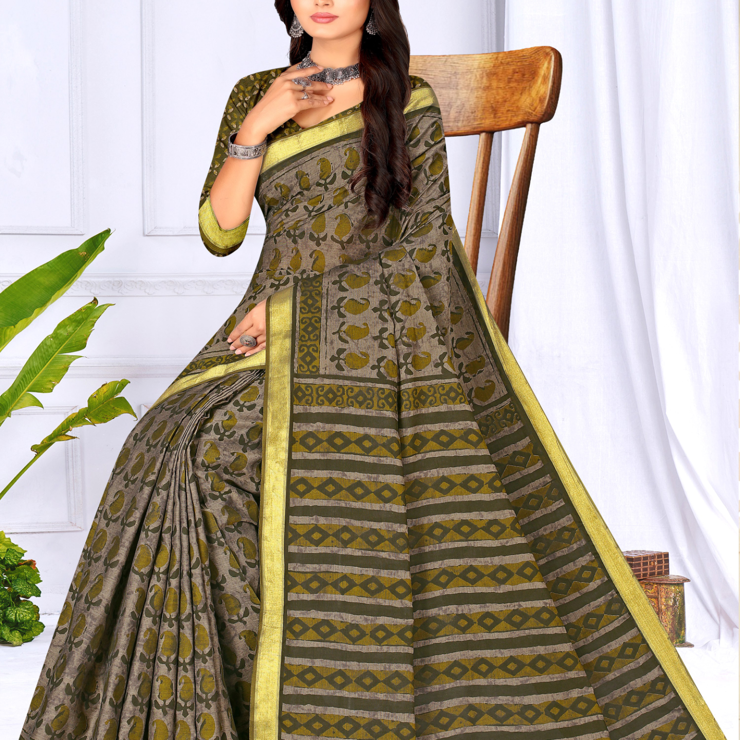Olive Green muslin saree [sku:KN-65906]