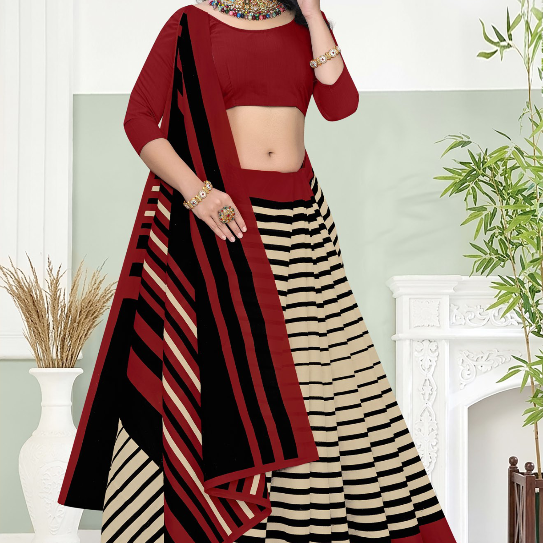 Beige, Black & Red soft cotton saree [sku:BV-23729]
