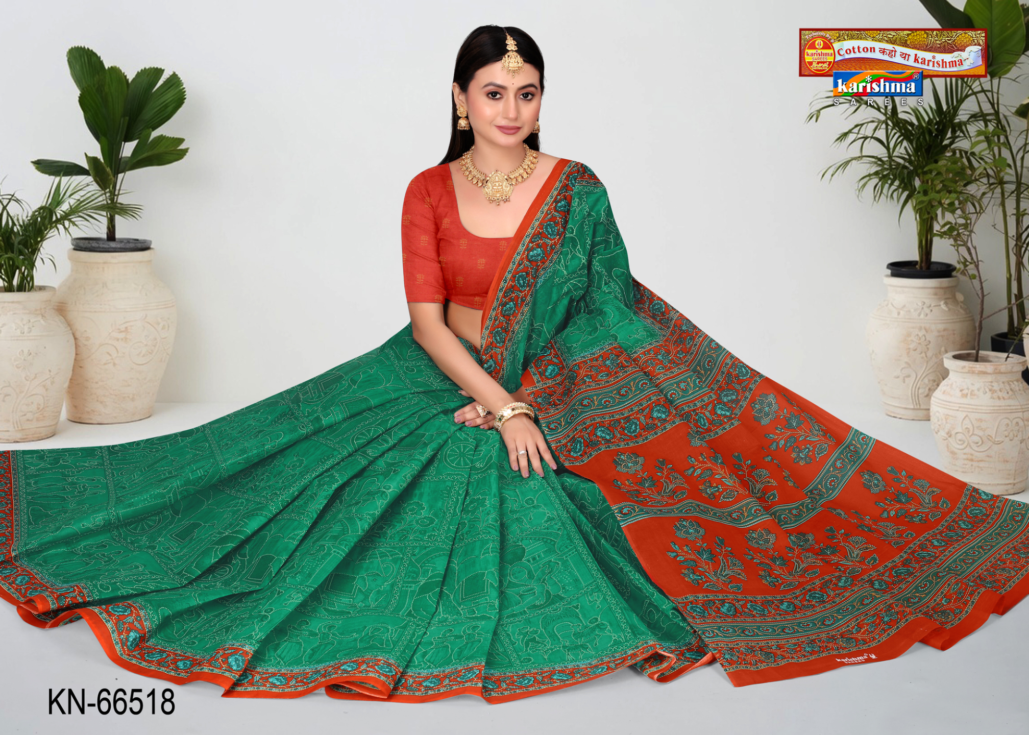 Green & Orange cotton saree [sku:KN-66518]