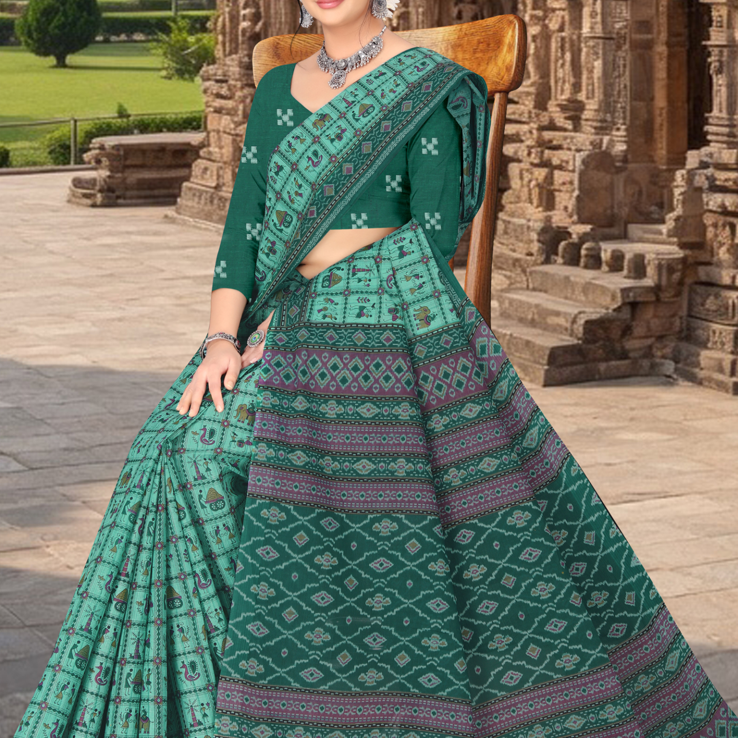 Teal Green cotton saree