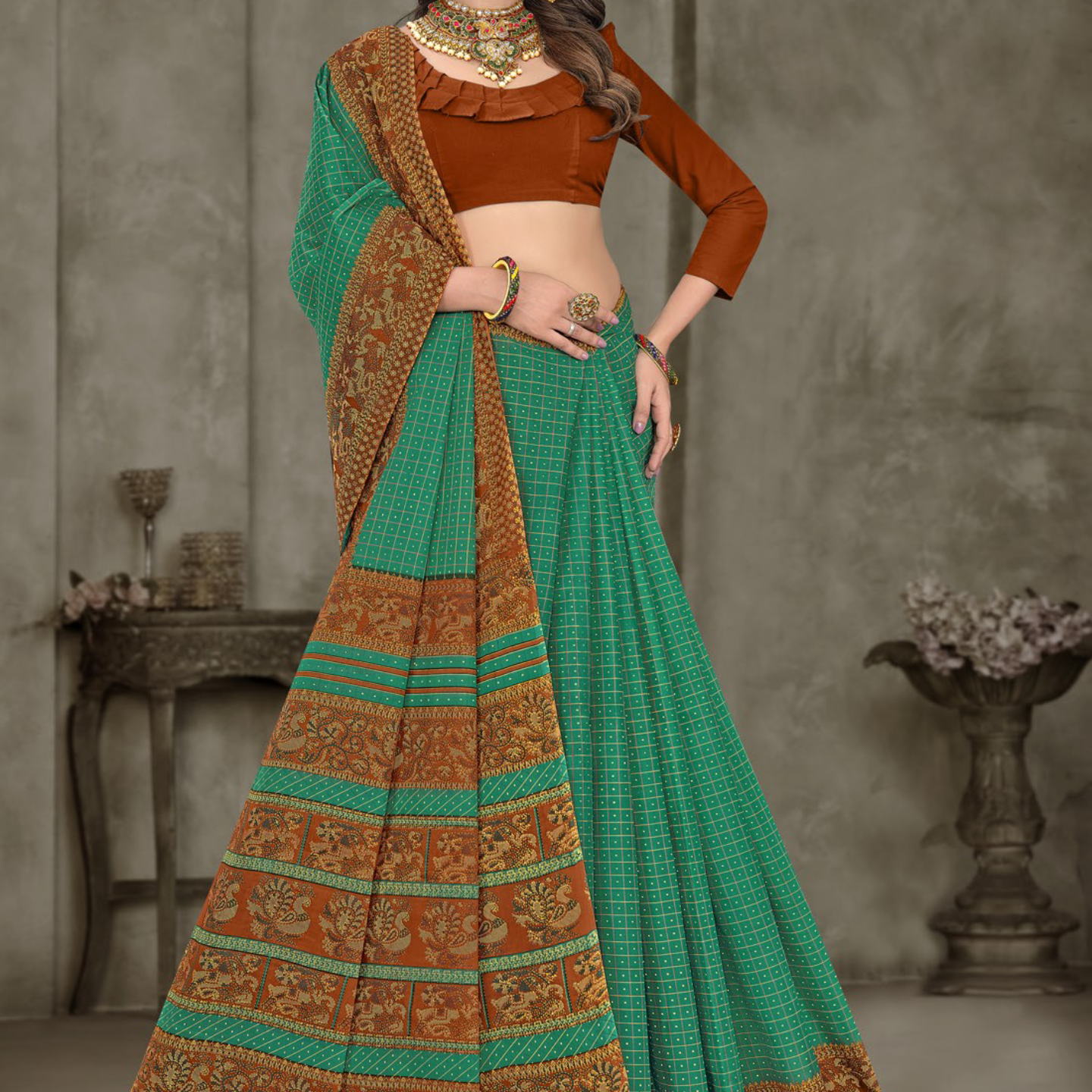 Green and Rust Brown cotton saree [sku:BV-24794]