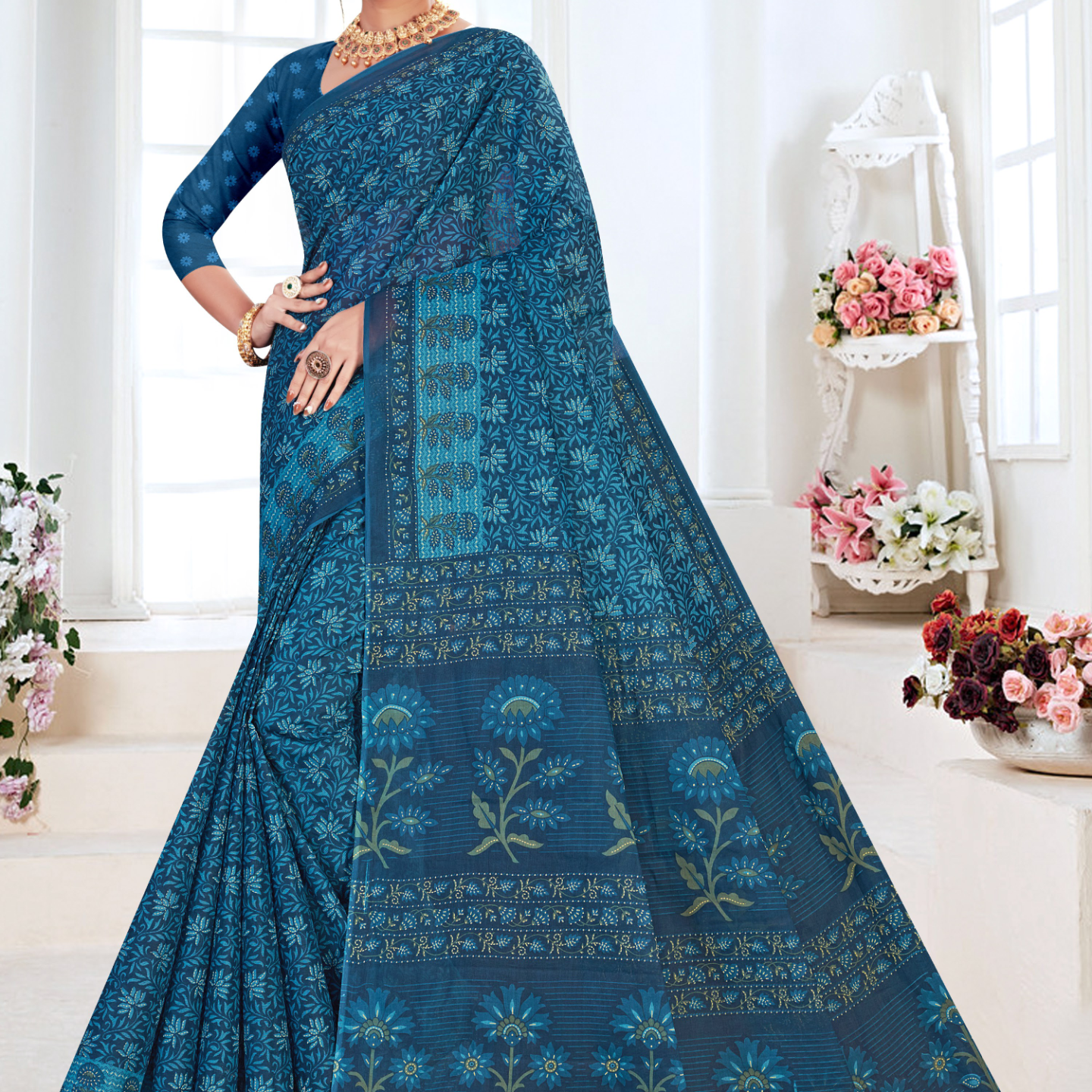 Peacock Blue cotton saree