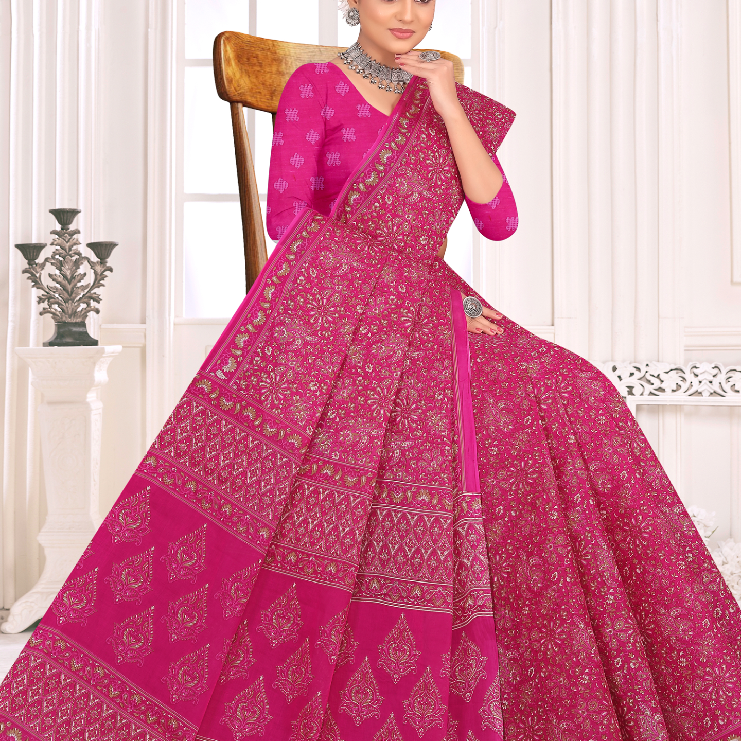 Magenta Pink cotton saree [sku:KN-66973]