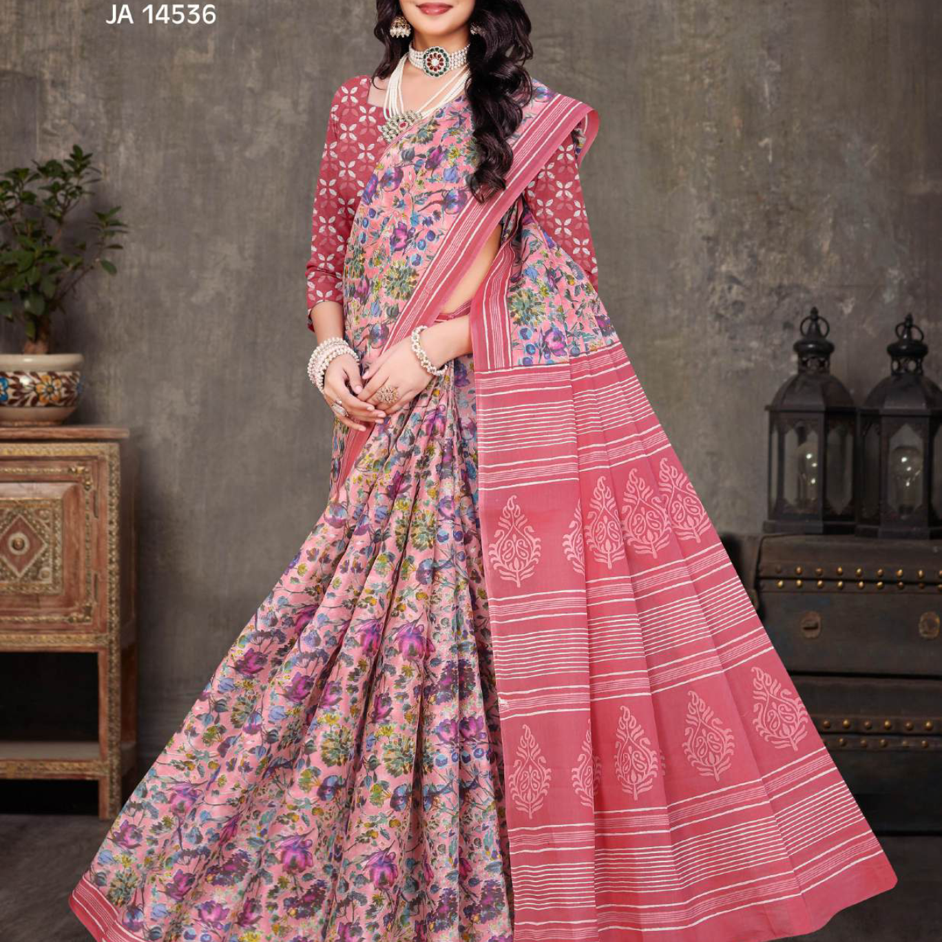 Pink and Red soft cotton saree [sku:JA 14536]