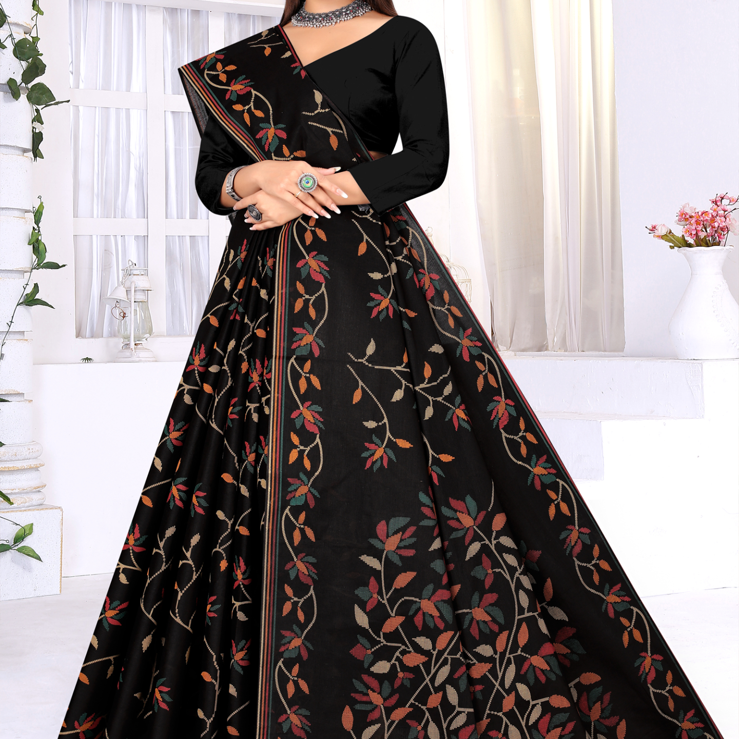 Black cotton saree [sku:KN-50772]