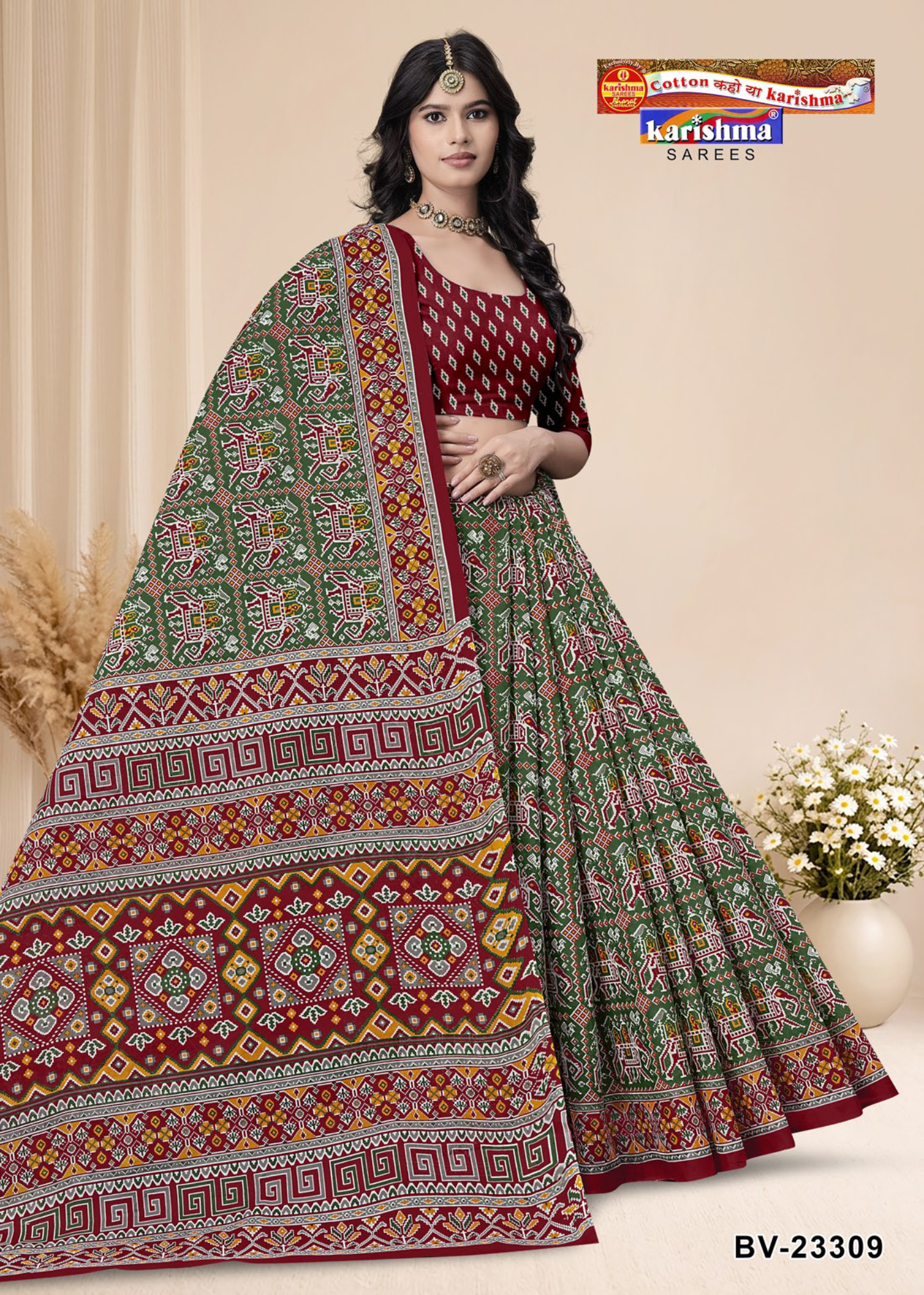 Green & Red cotton saree [sku:BV-23309]