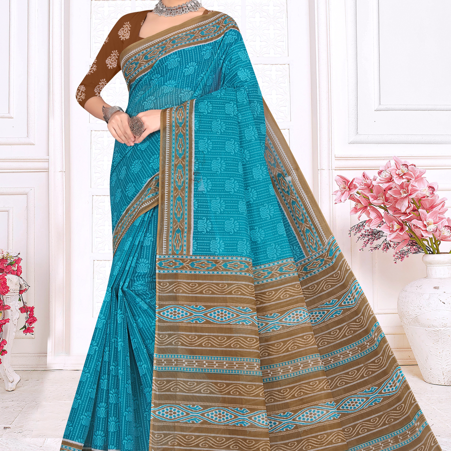 Turquoise Blue & Brown cotton saree [sku:KN-67467]