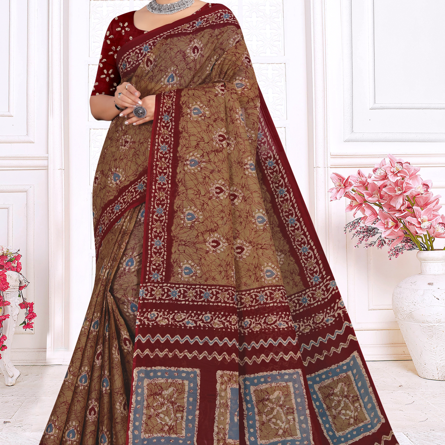 Maroon and Brown cotton saree [sku:KN-67522]