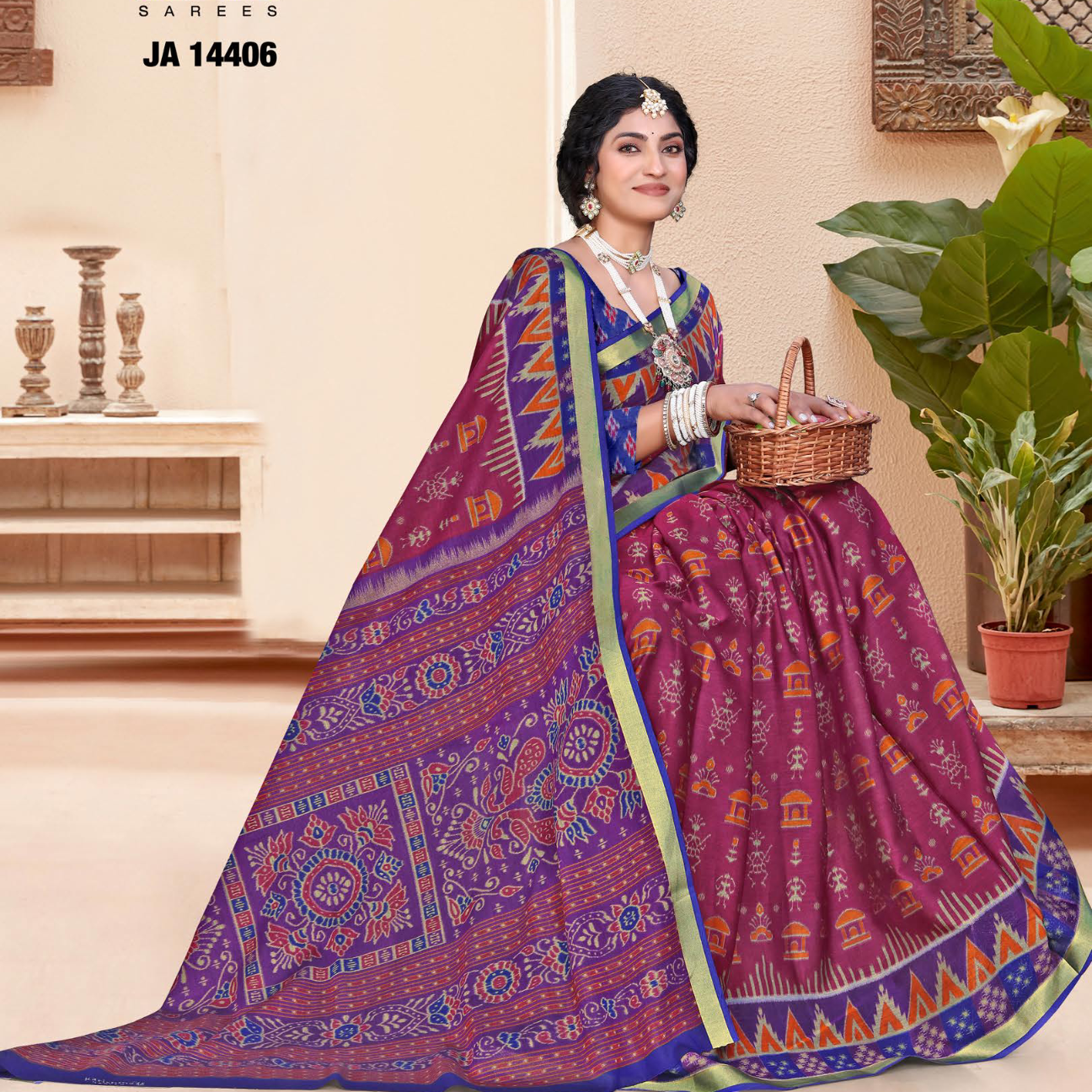 Purple & Magenta muslin saree [sku:JA-14406]