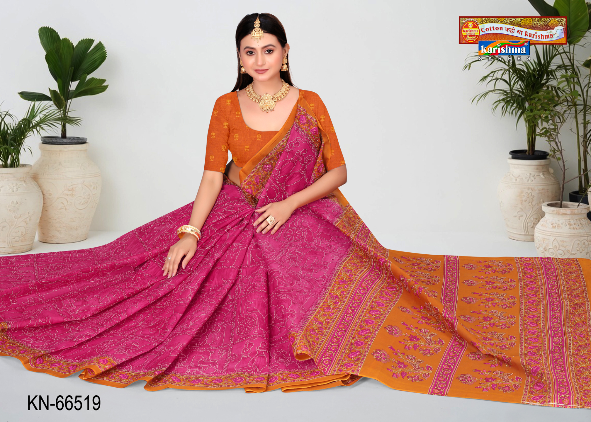 Pink & Orange cotton saree [sku:KN-66519]