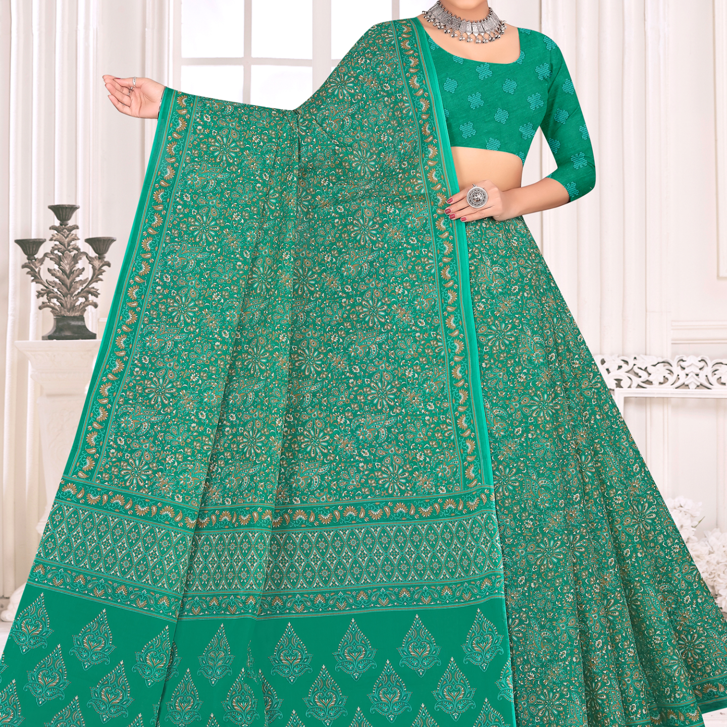 Emerald Green cotton saree [sku:KN-66974]