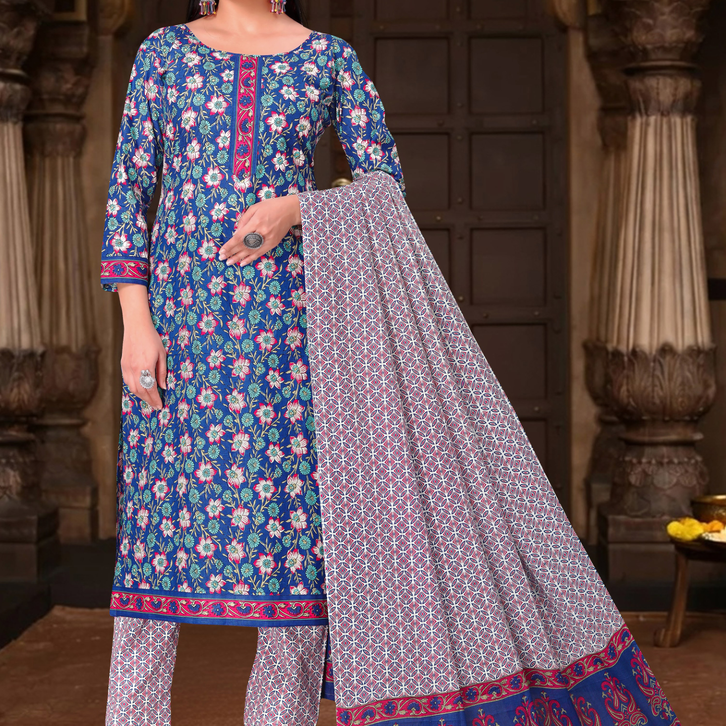 Blue and Pink cotton saree [sku:KN-68060]