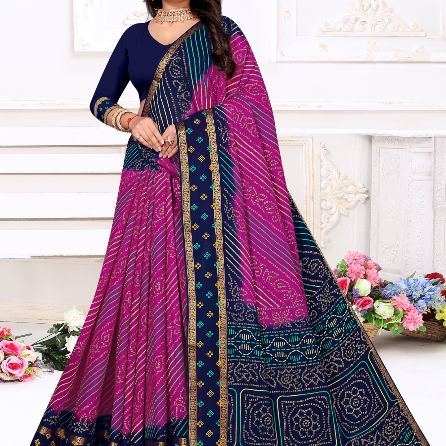 Pink and Navy Blue malai saree