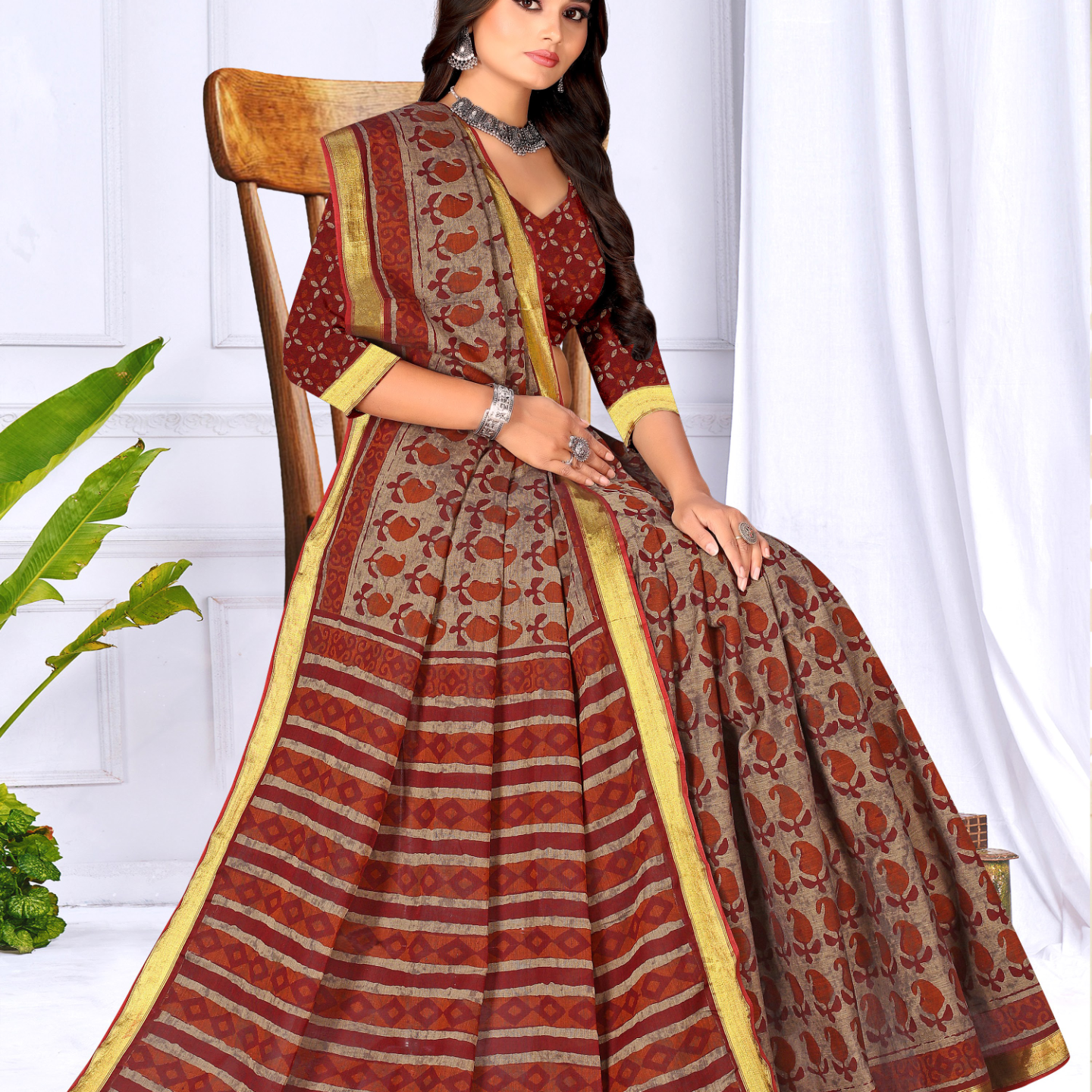 Rust Red muslin saree [sku:KN-65907]