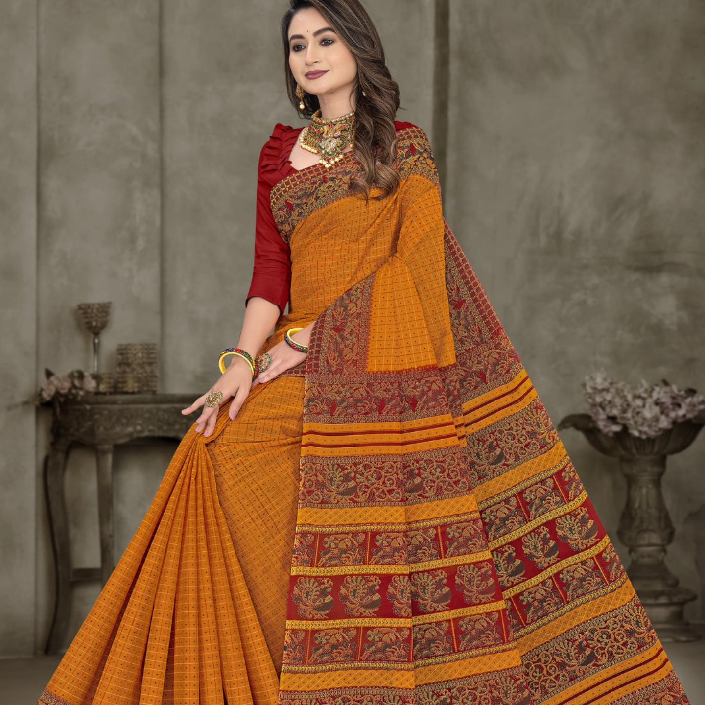 Mustard Yellow and Red cotton saree [sku:BV-24795]