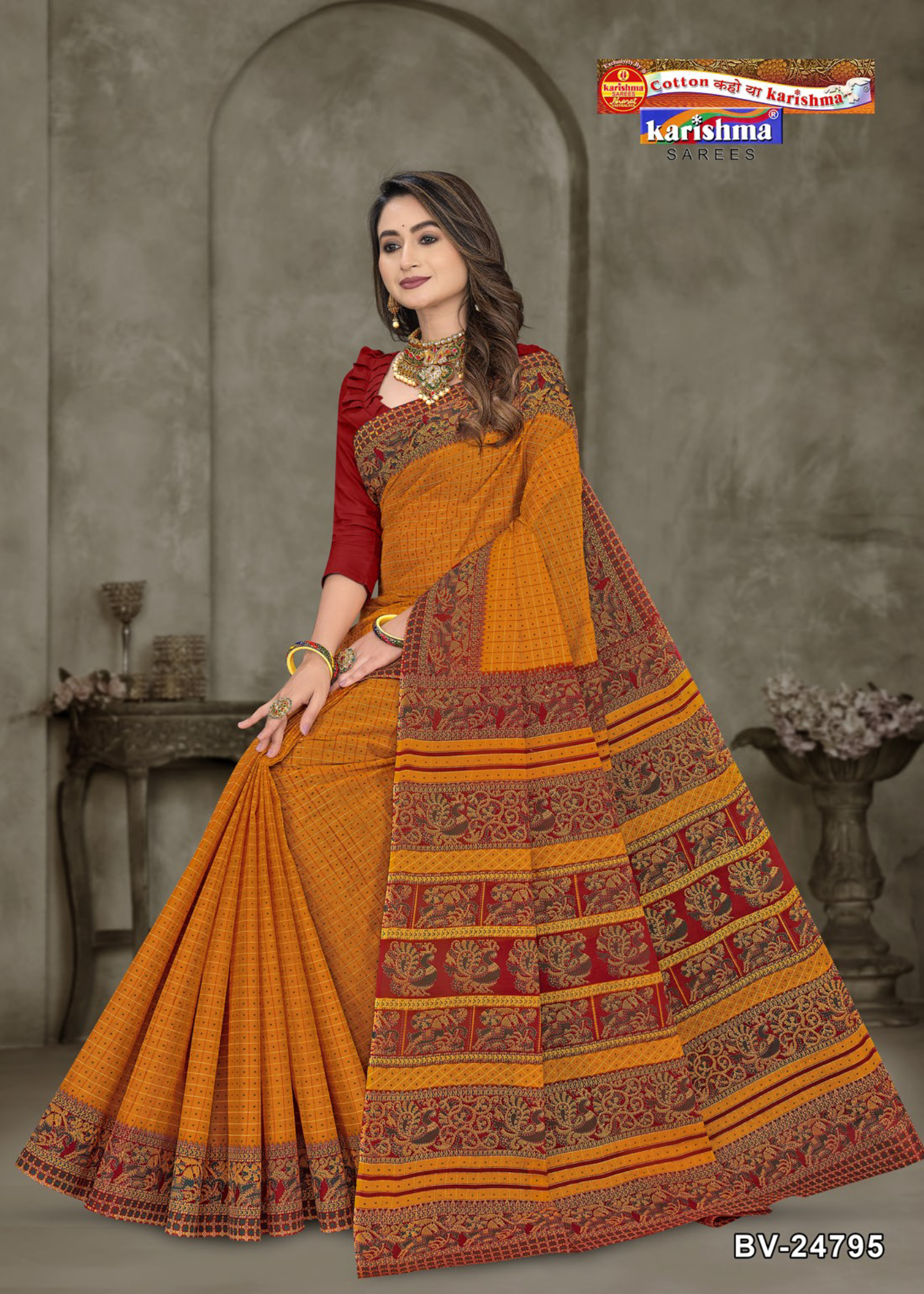 Mustard Yellow and Red cotton saree [sku:BV-24795]