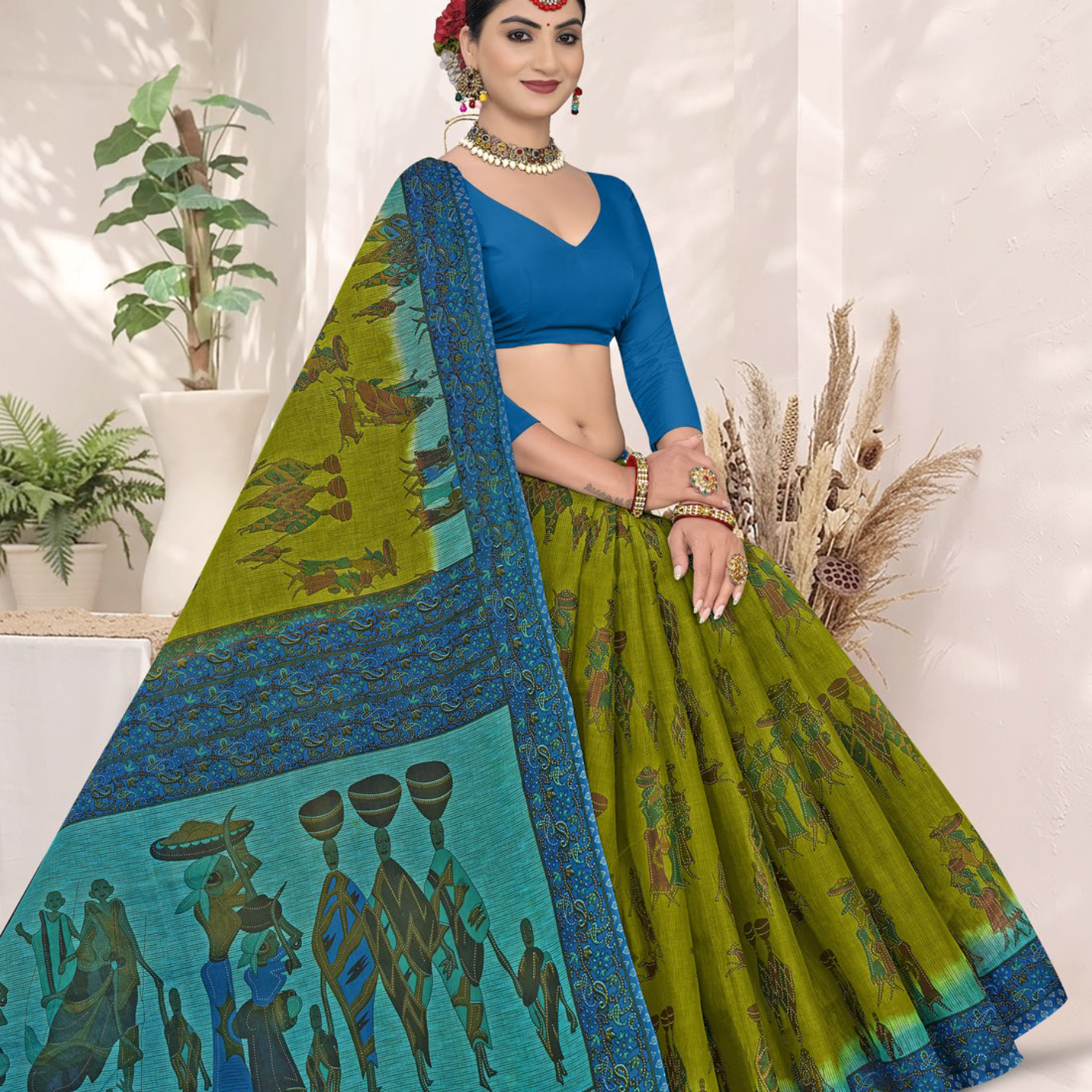 Olive Green and Blue cotton saree [sku:BV-24272]