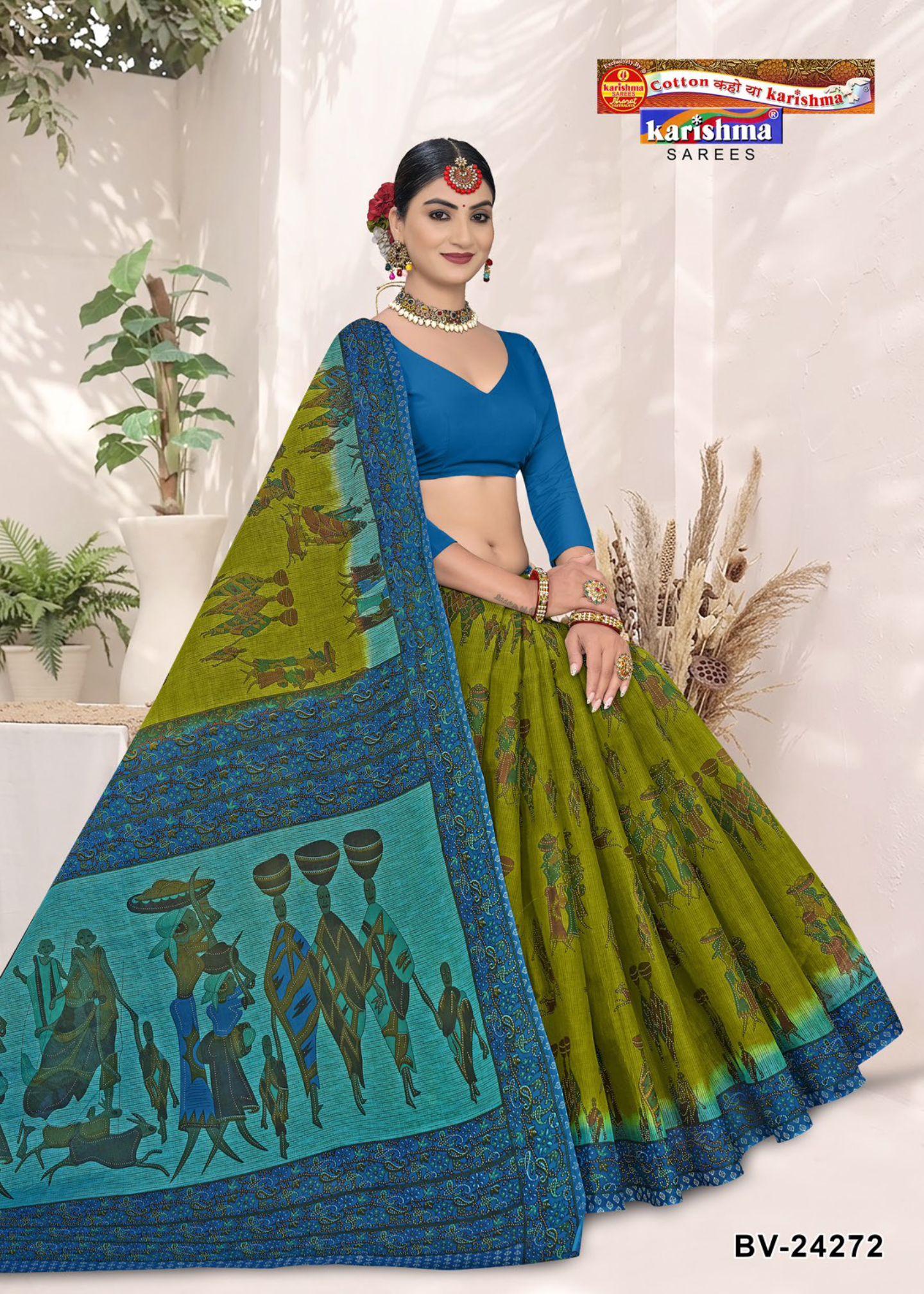 Olive Green and Blue cotton saree [sku:BV-24272]