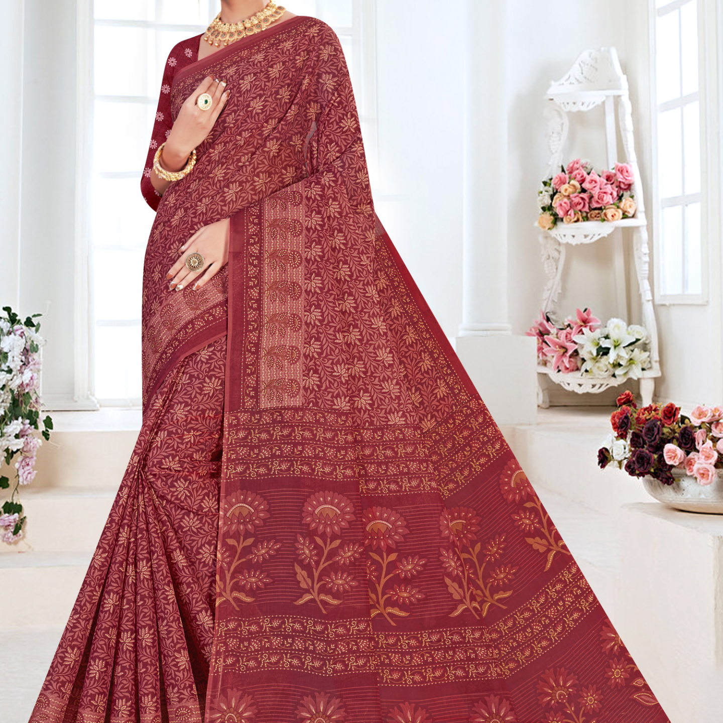 Maroon cotton saree