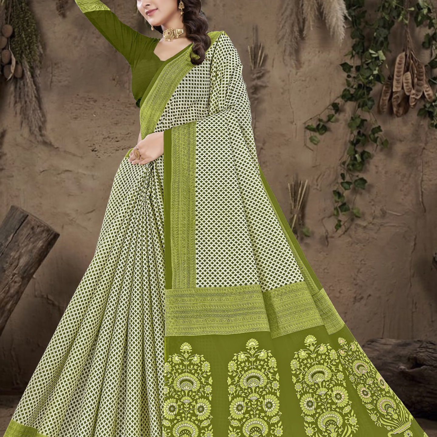 Olive Green cotton saree [sku:BV-24835]
