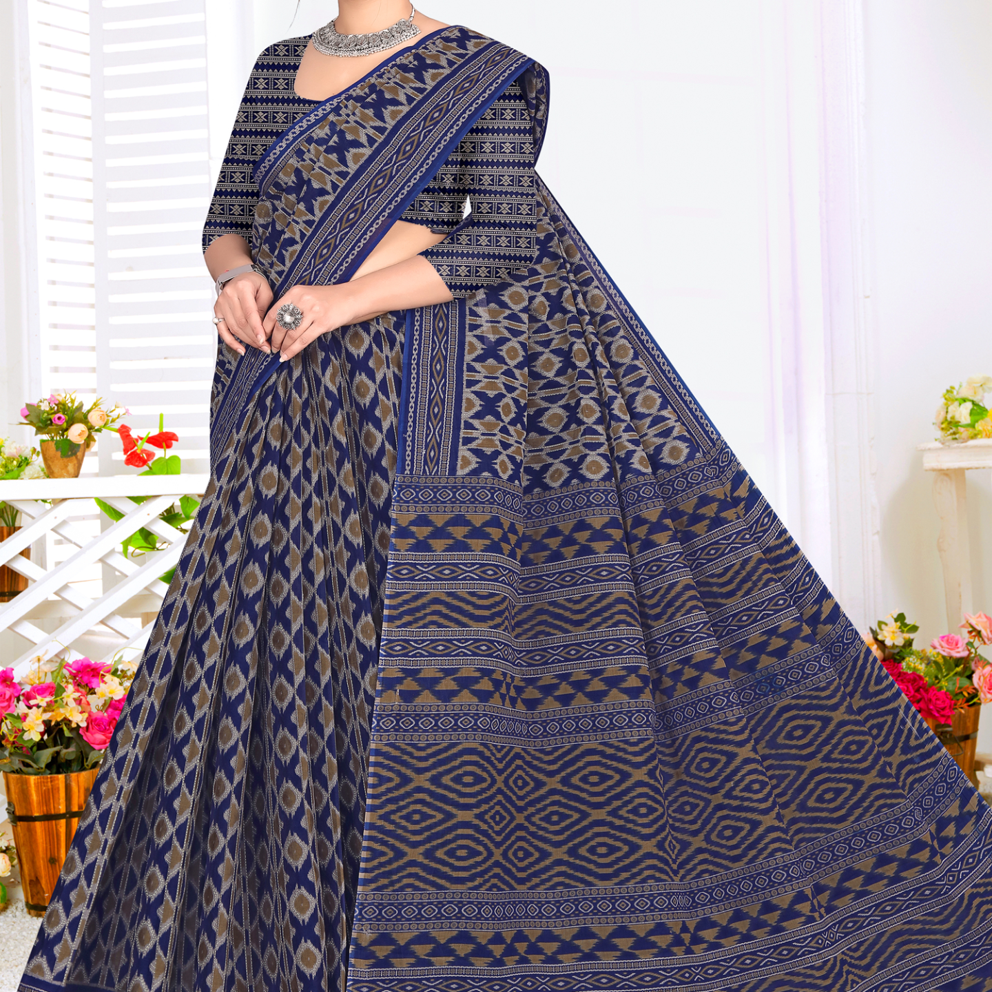 Navy Blue & Grey cotton saree [sku:KN-67241]
