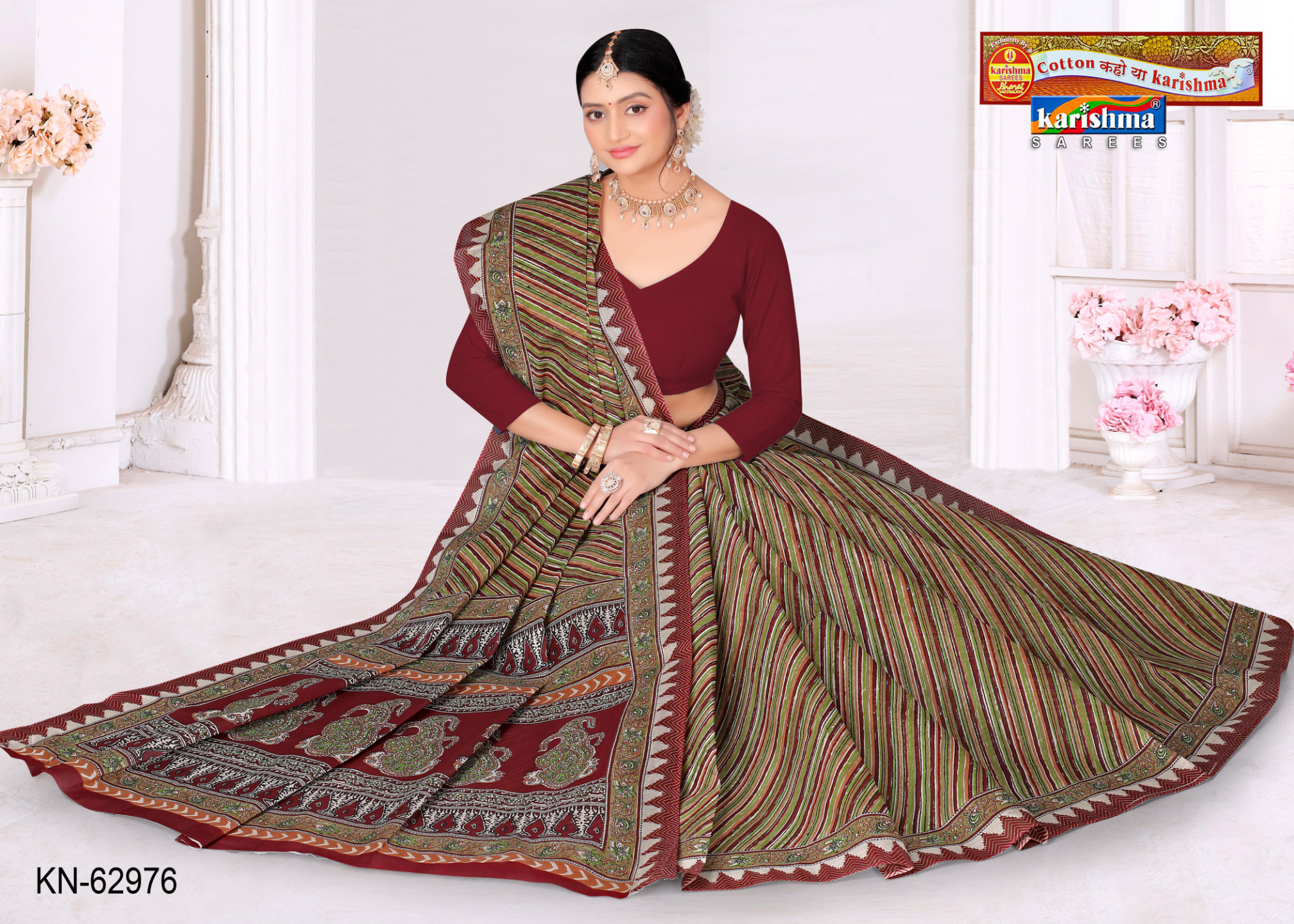 Maroon & Olive Green cotton saree [sku:KN-62976]