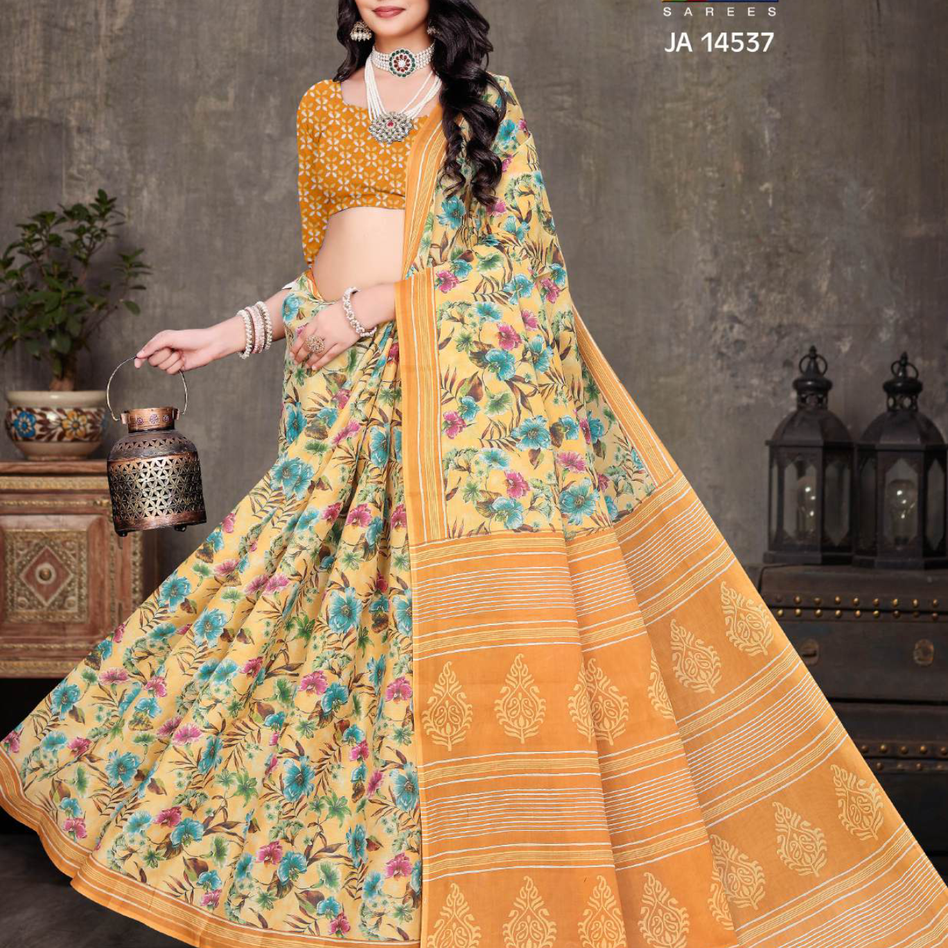 Mustard Yellow soft cotton saree [sku:JA 14537]