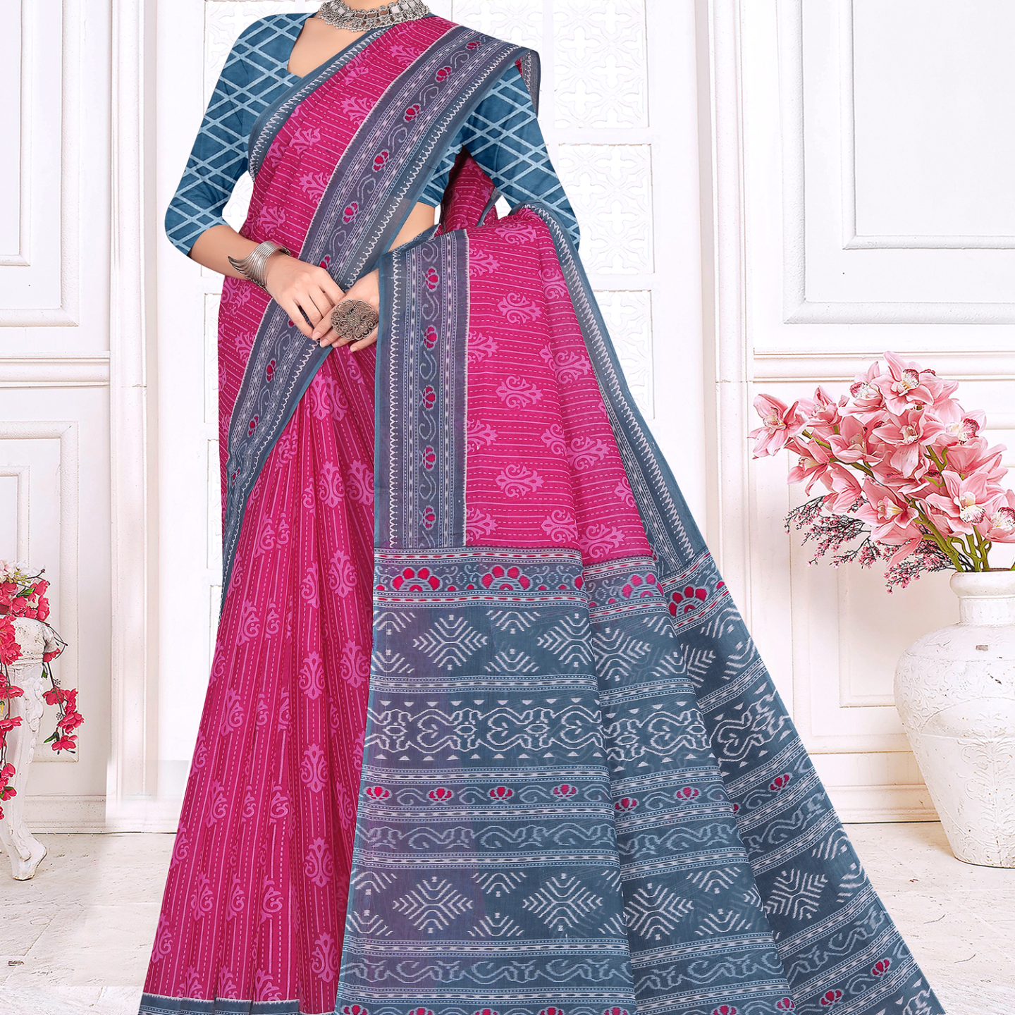 Magenta Pink & Grey cotton saree [sku:KN-67468]
