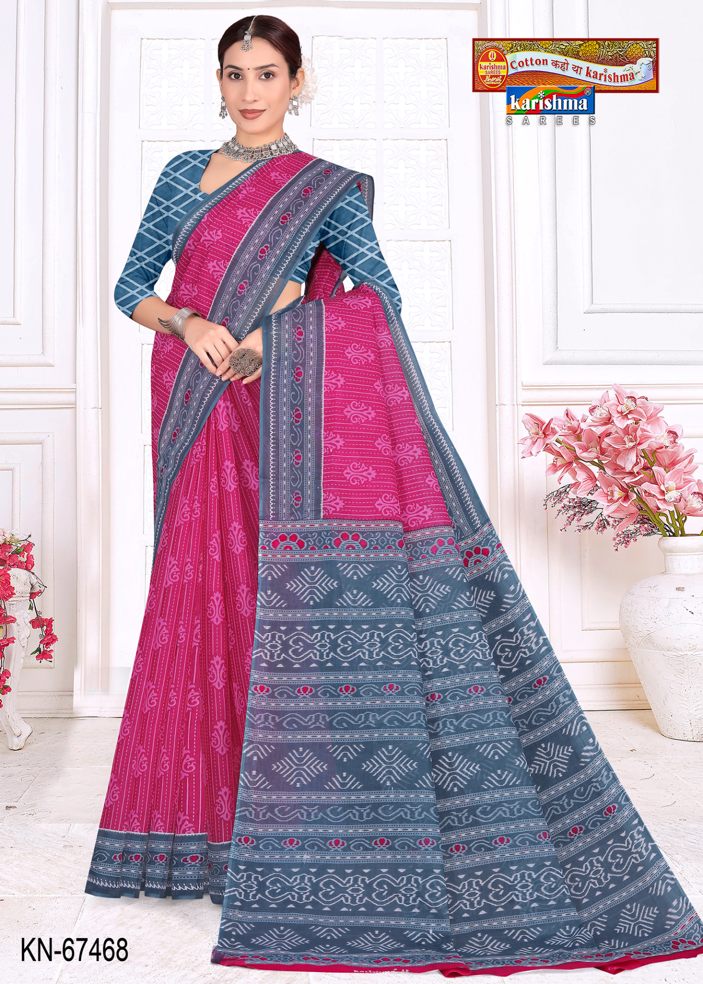 Magenta Pink & Grey cotton saree [sku:KN-67468]
