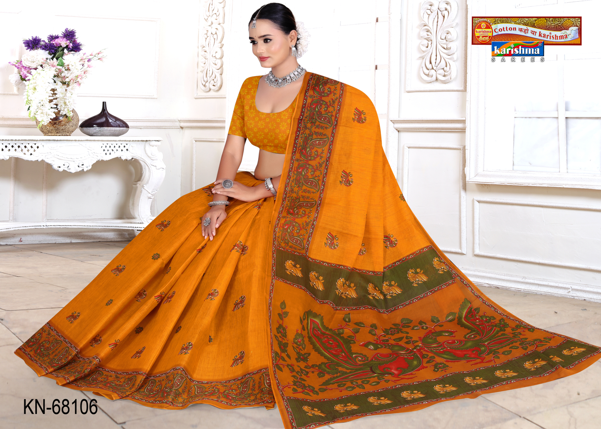 Mustard Yellow cotton saree [sku:KN-68106]