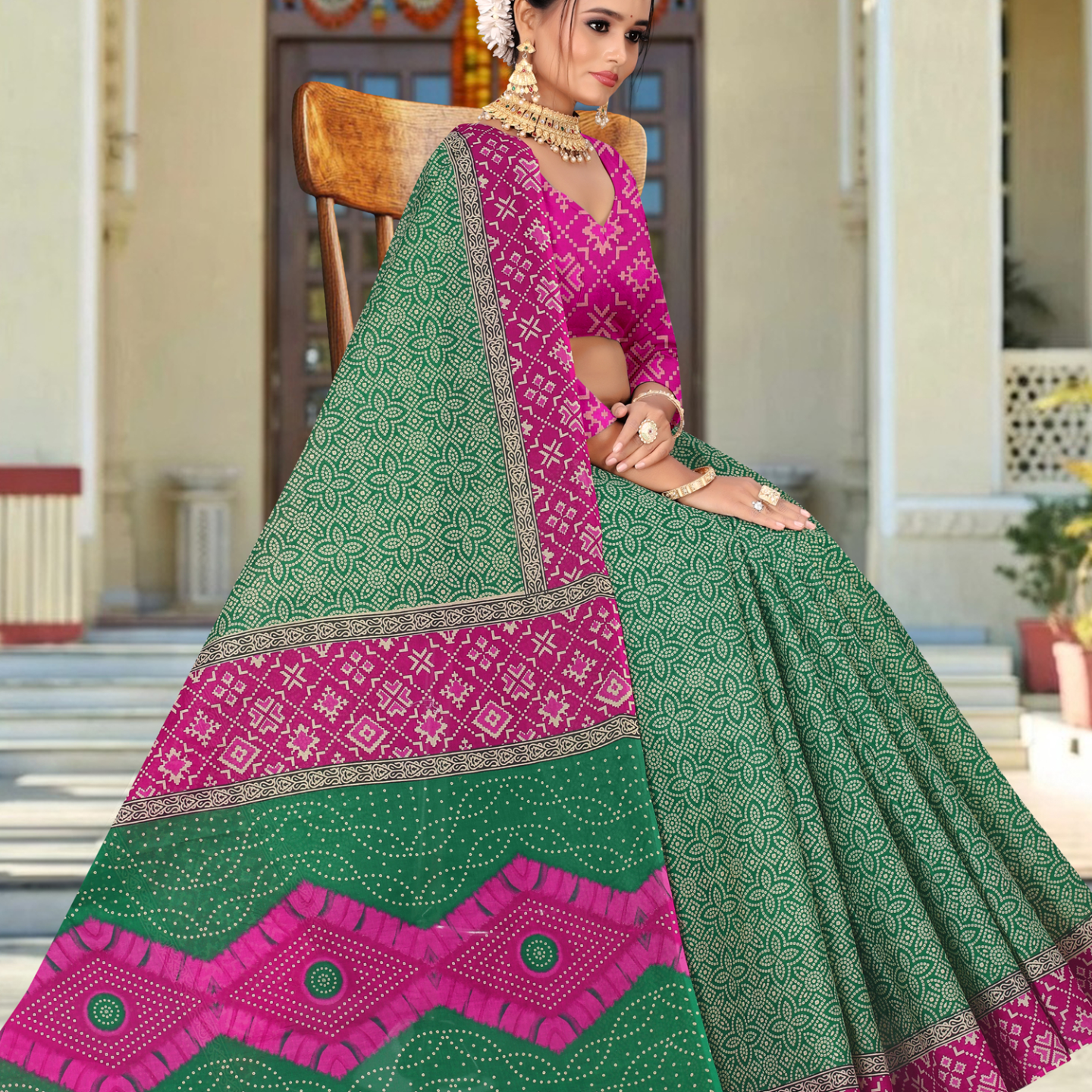 Green & Pink cotton saree [sku:KN-64607]