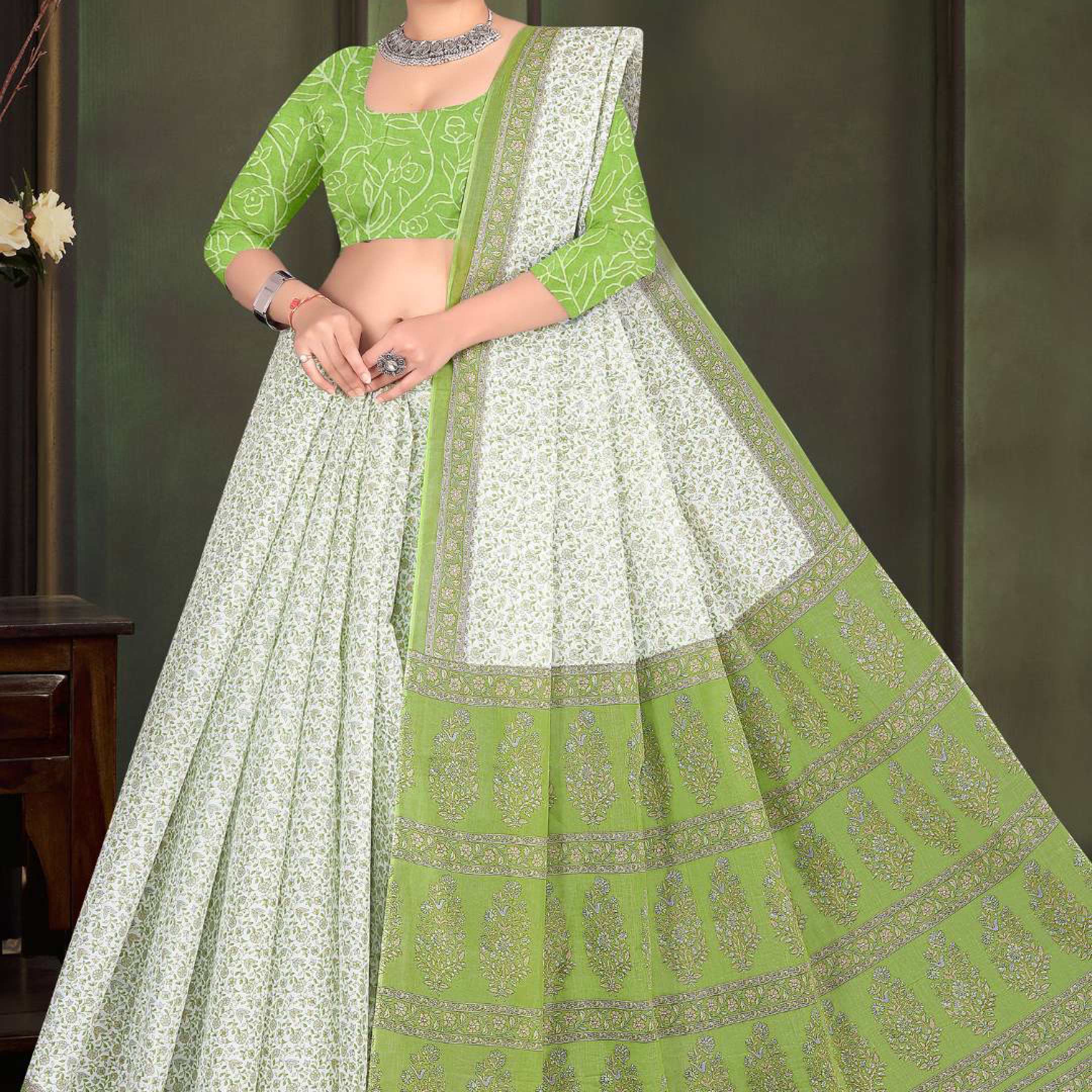 Green & White cotton saree