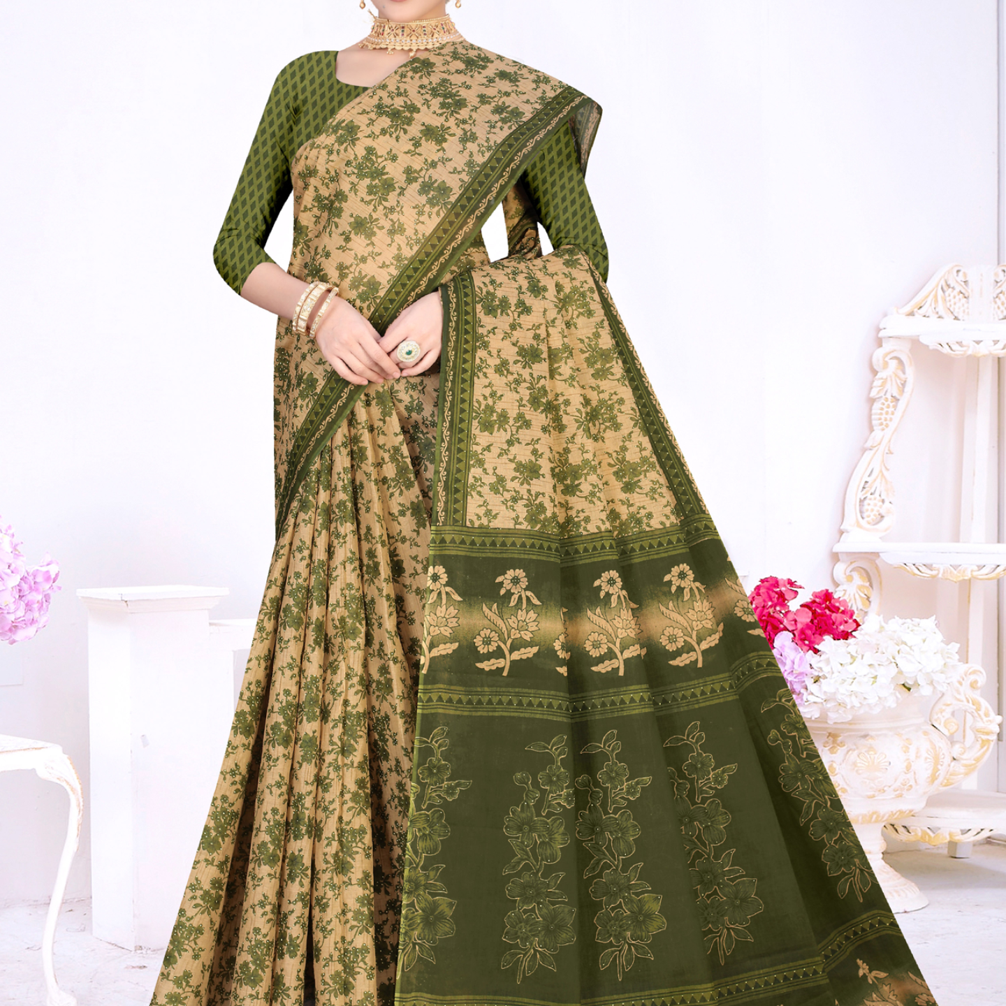 Olive Green & Beige cotton saree [sku:KN-57987]