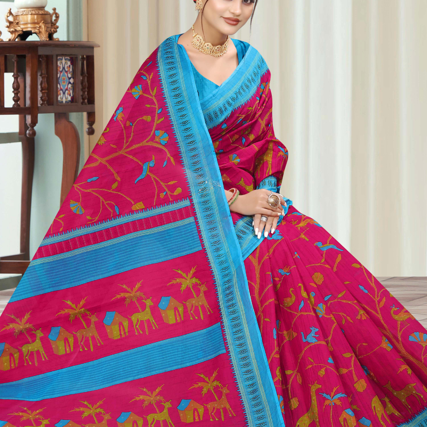 Pink & Blue cotton saree [sku:KN-46862]