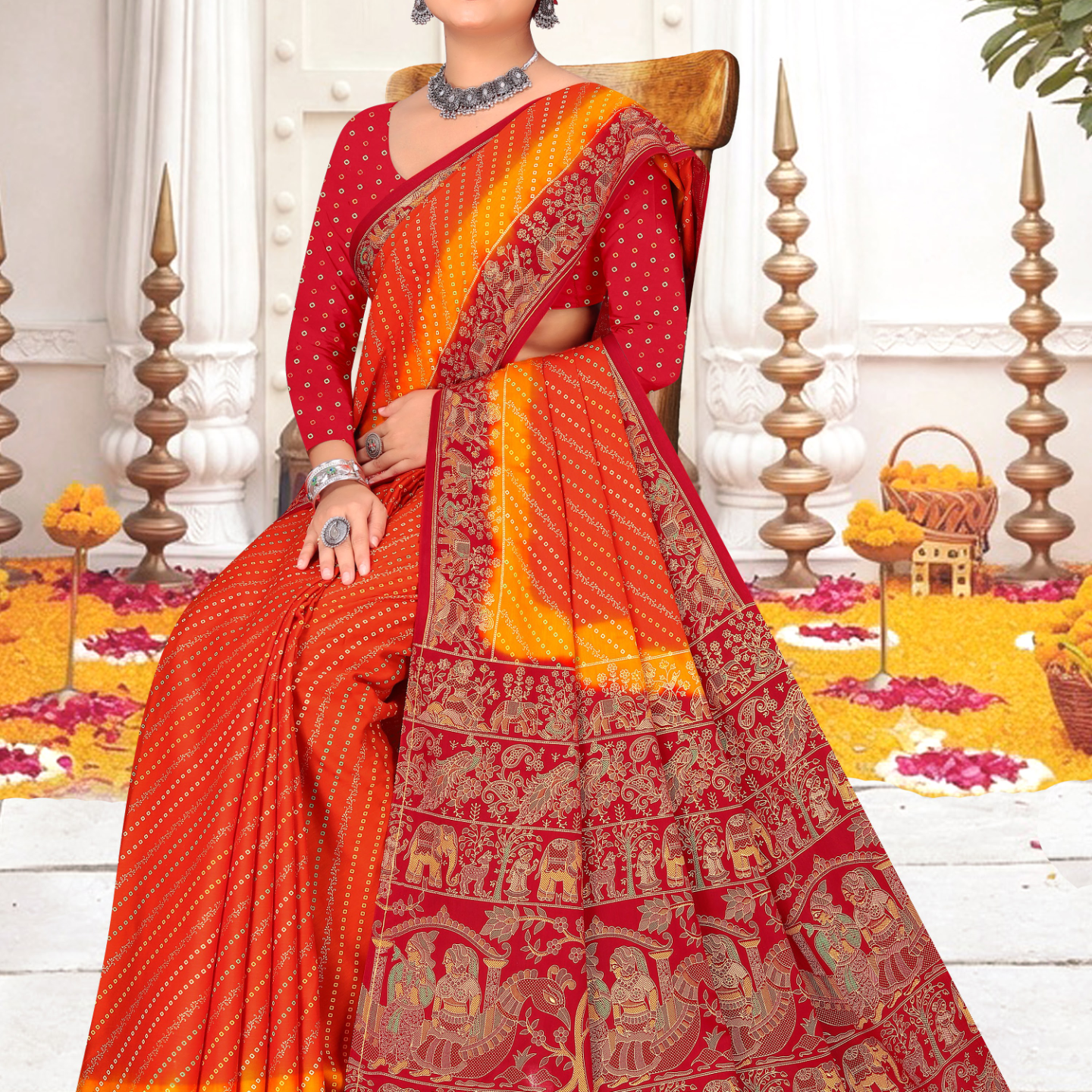 Red and Orange malai saree [sku:KN-67900]
