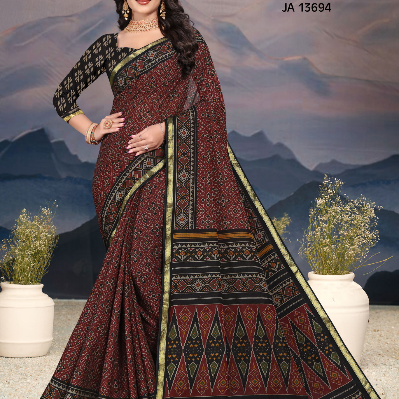 Maroon and Black muslin saree [sku:JA 13694]