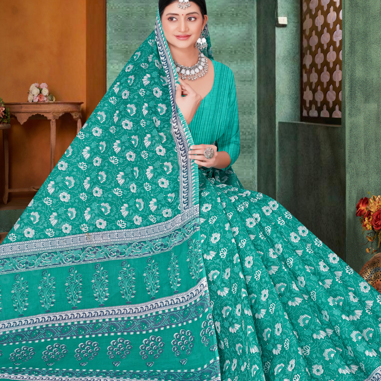 Teal Green cotton saree