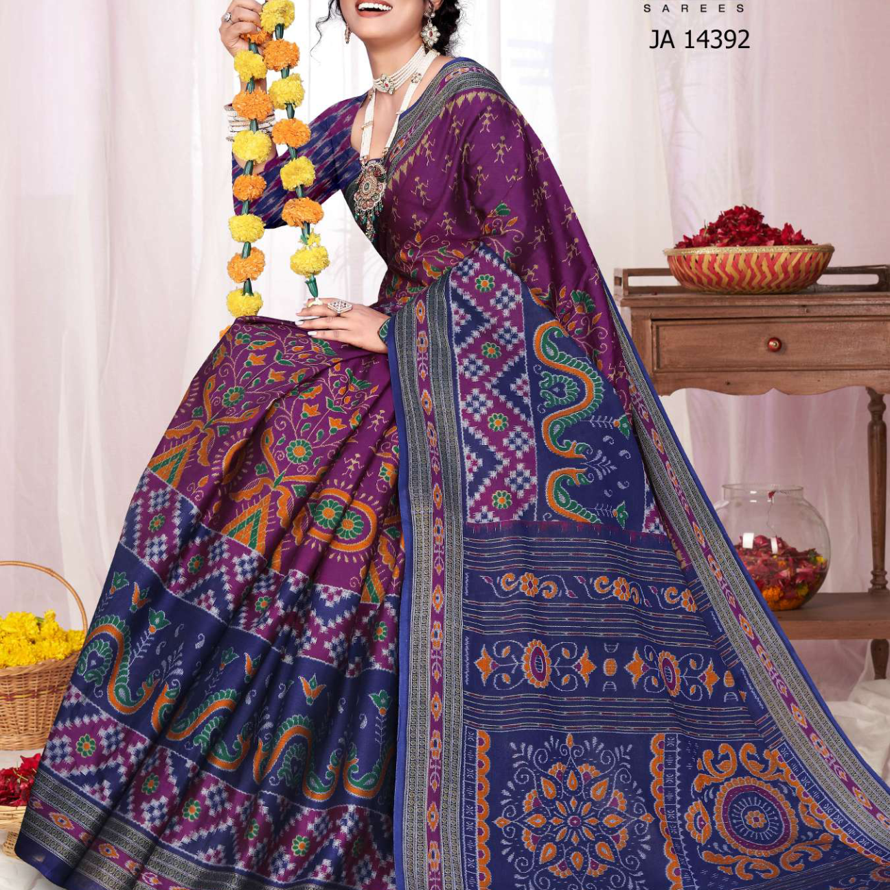 Purple & Navy Blue muslin saree