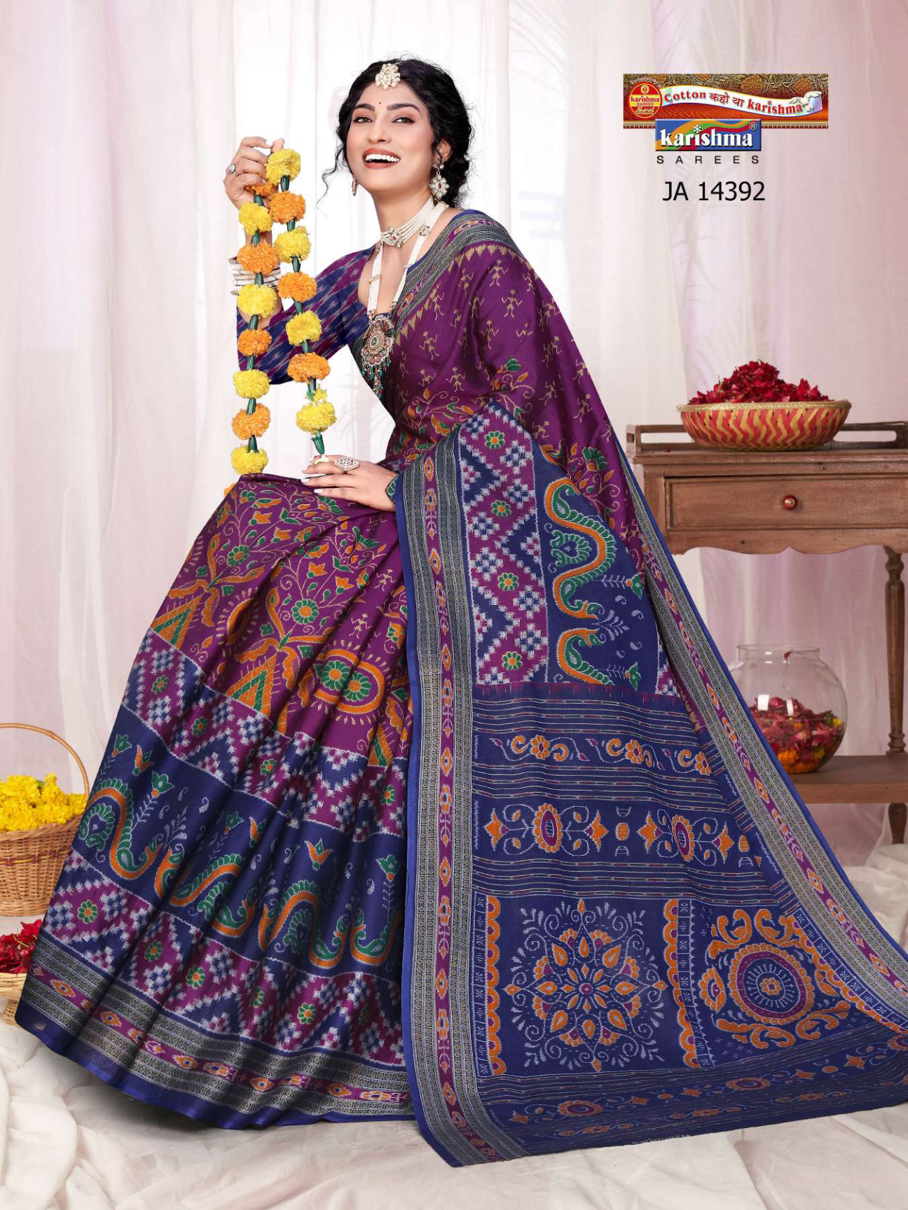Purple & Navy Blue muslin saree