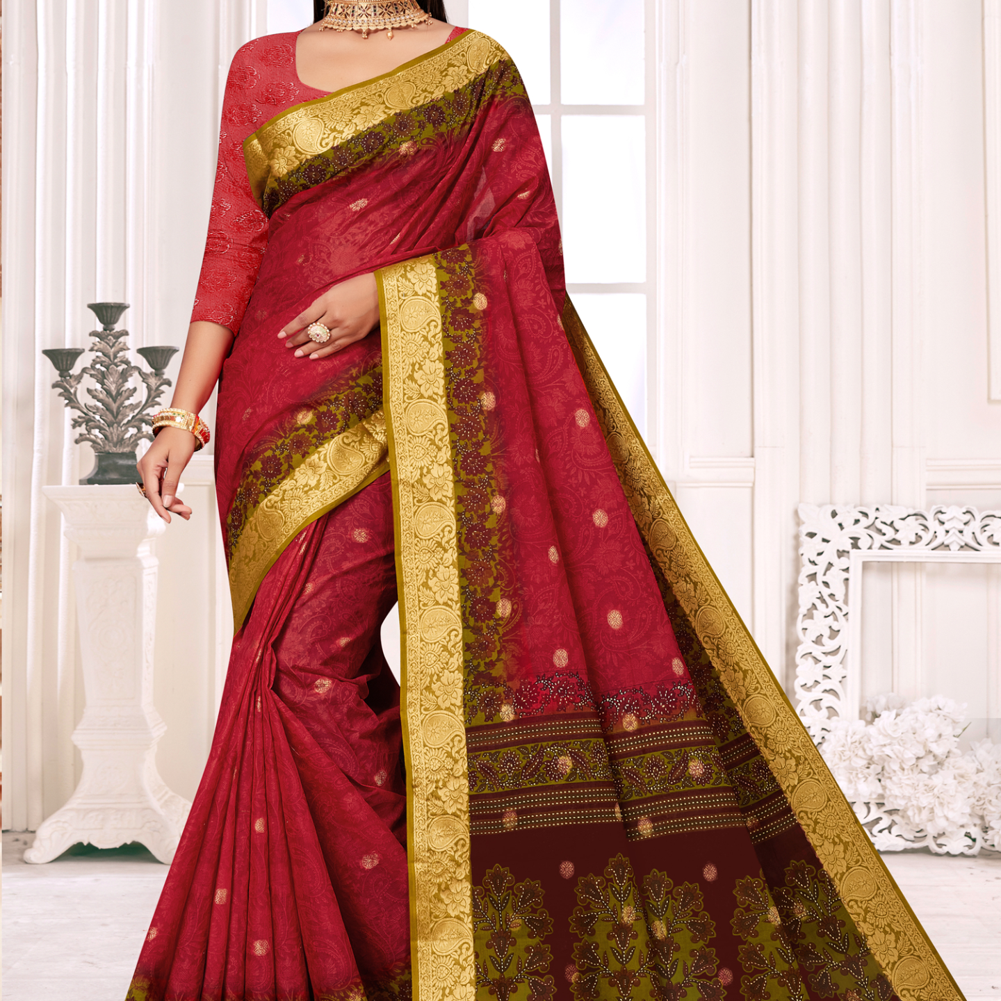 Red and Olive Green malai saree [sku:KN-66900]