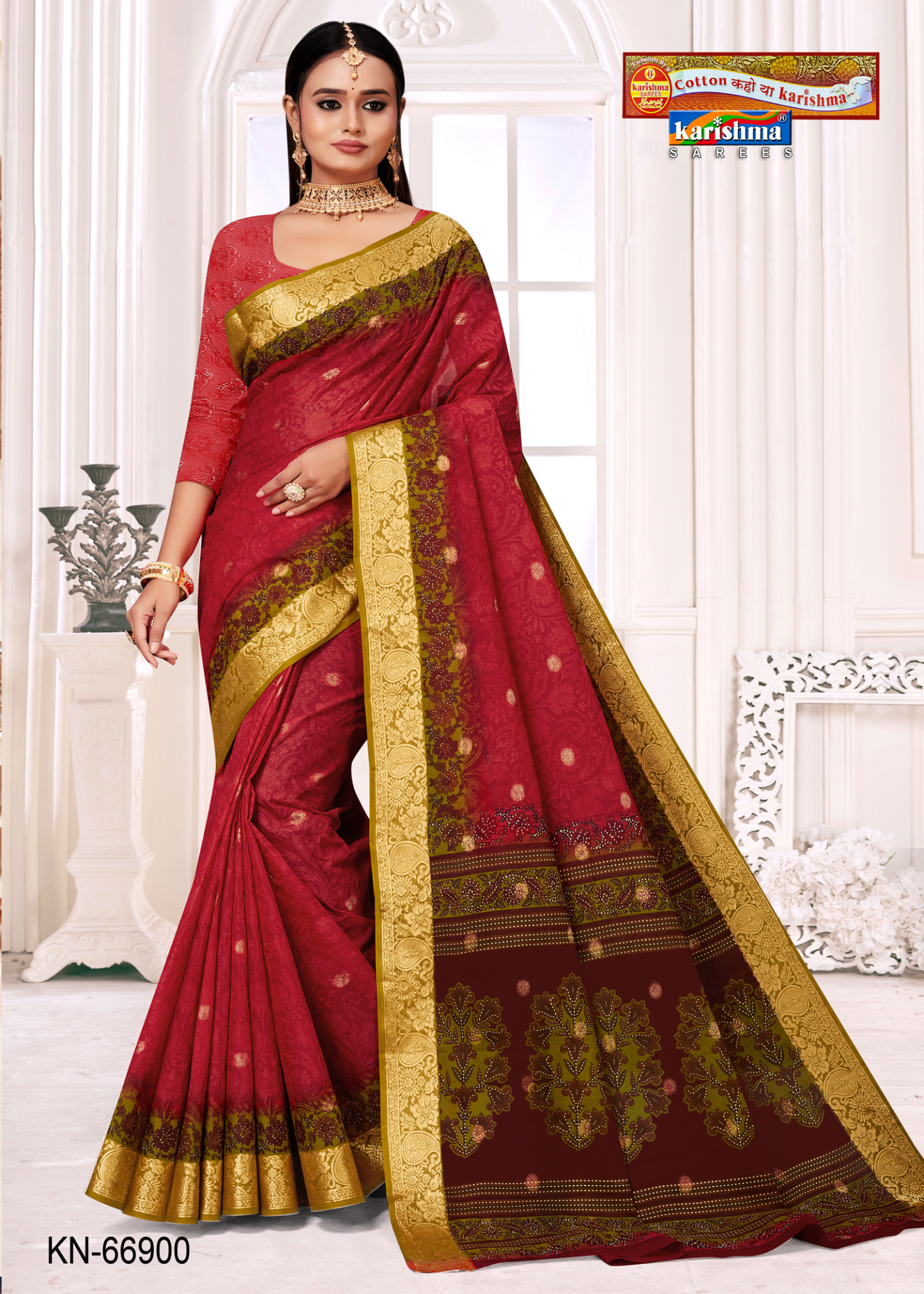 Red and Olive Green malai saree [sku:KN-66900]