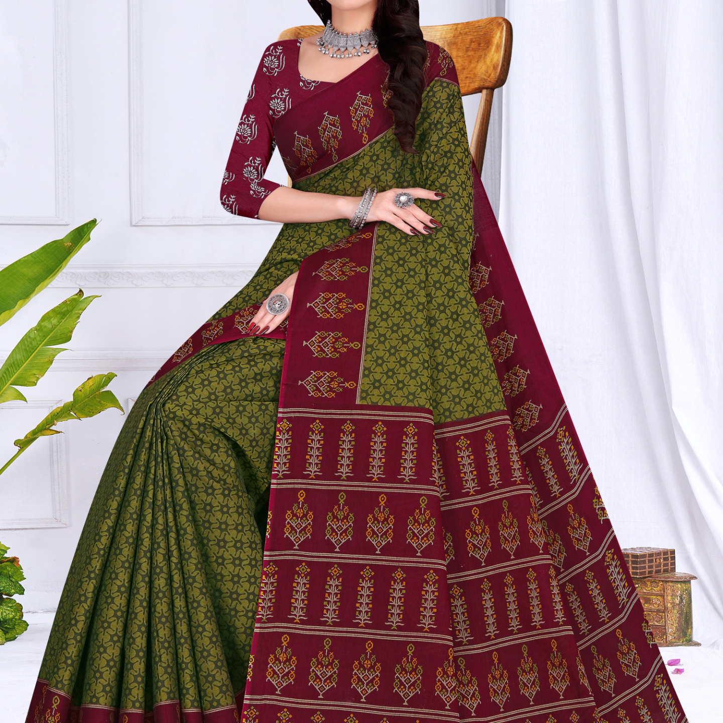 Olive Green & Maroon muslin saree