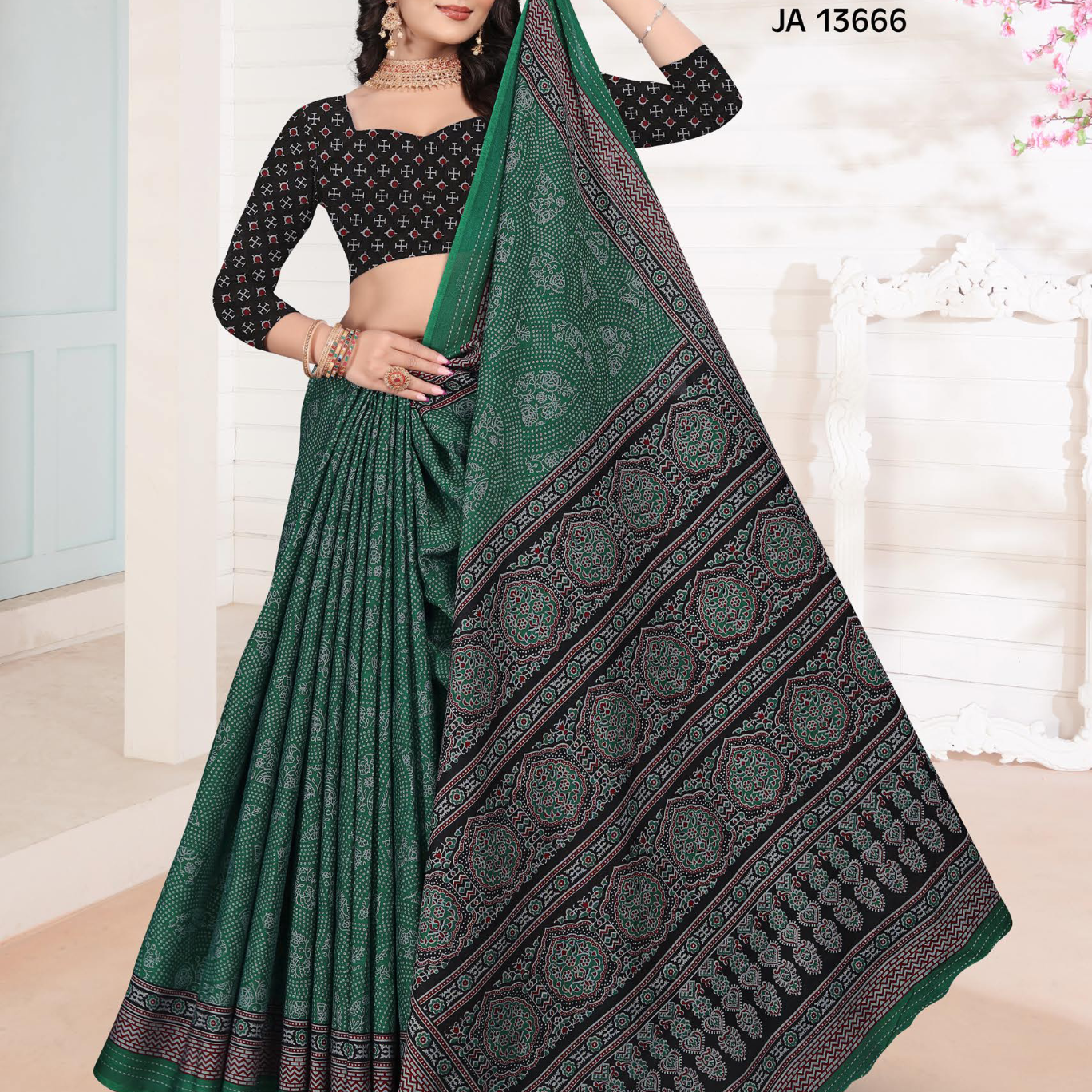 Dark Green muslin saree