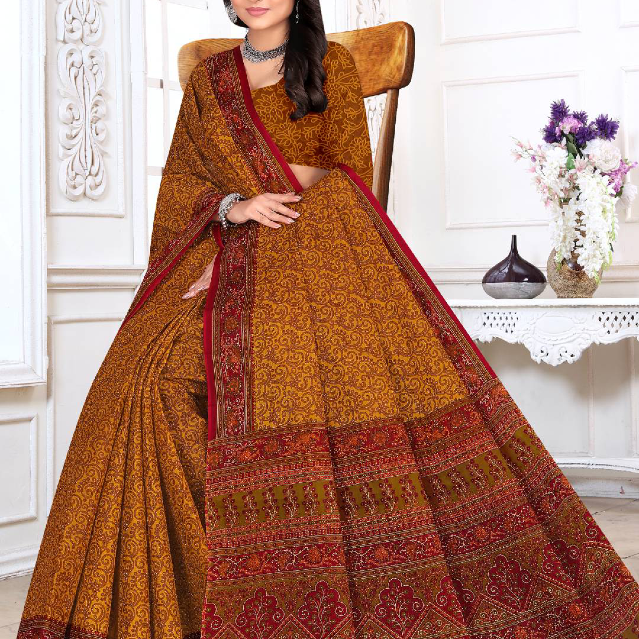 Mustard Yellow cotton saree [sku:KN-67657]